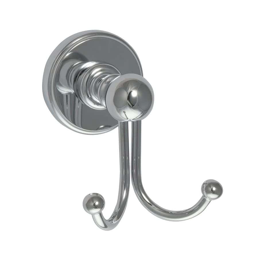 Chrome bathroom towel and robe hooks on a white background, modern bathroom accessories, stainless steel bathroom hook, Bubly Bathrooms.