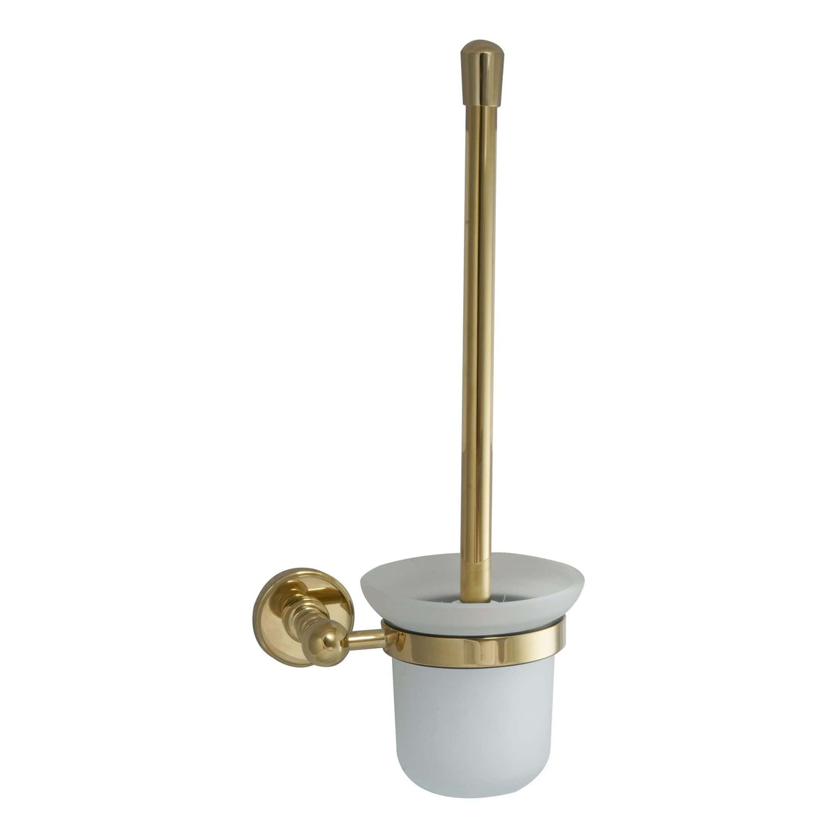 Polished gold toilet brush holder with white ceramic container, modern bathroom accessories, elegant and functional design for luxurious bathroom decor.