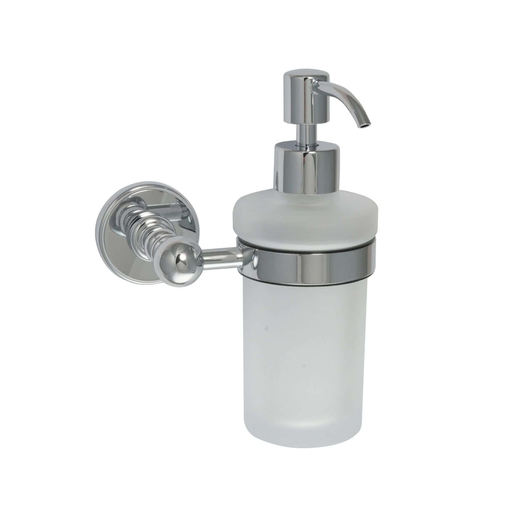 Luxurious bathroom soap dispenser with chrome finish and frosted glass container, ideal for modern bathroom decor and daily hygiene use.