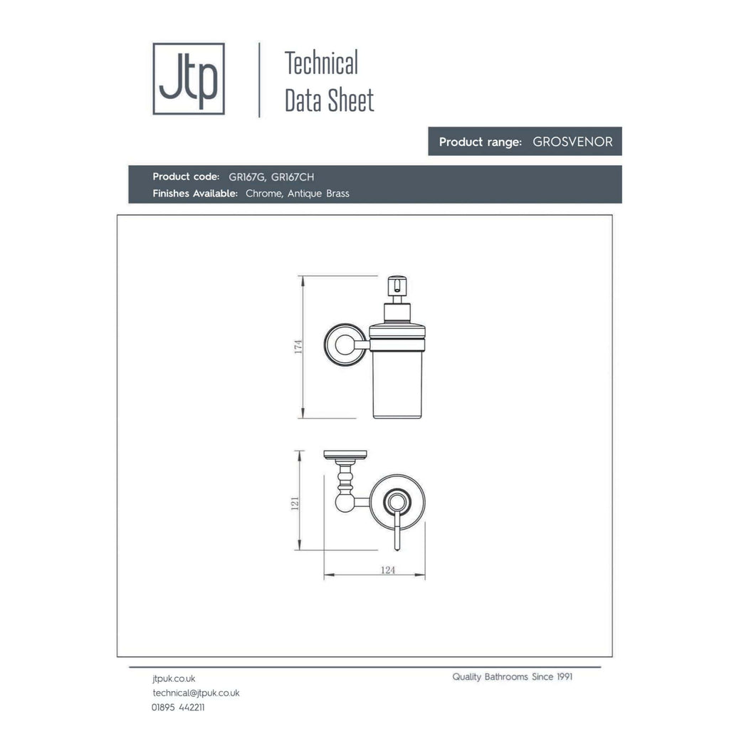 Chrome and antique brass bathroom accessories, detailed technical drawing of Grovesnor design by JTP, showcasing dimensions and finishes for high-quality bathroom decor.
