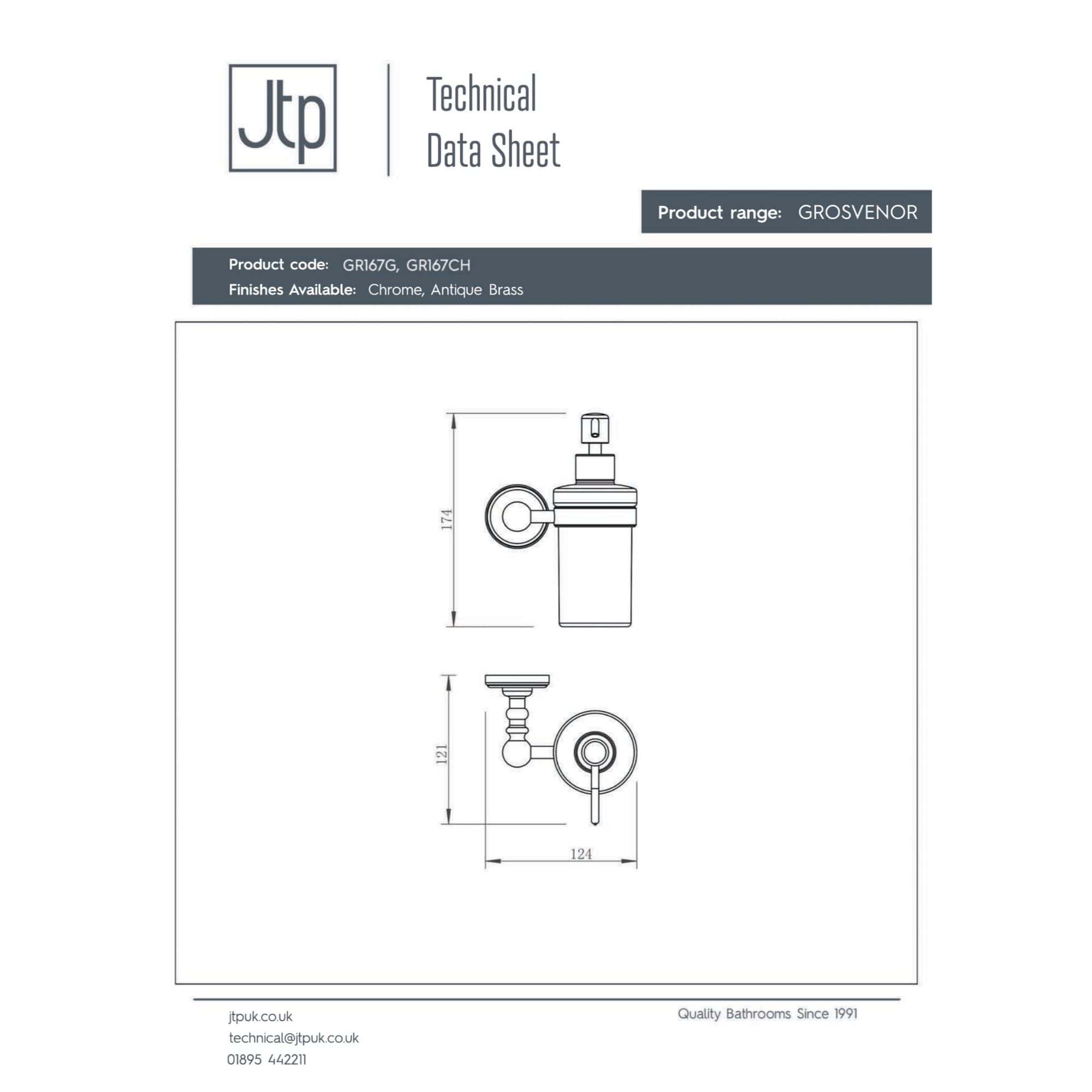 Chrome and antique brass bathroom accessories, detailed technical drawing of Grovesnor design by JTP, showcasing dimensions and finishes for high-quality bathroom decor.