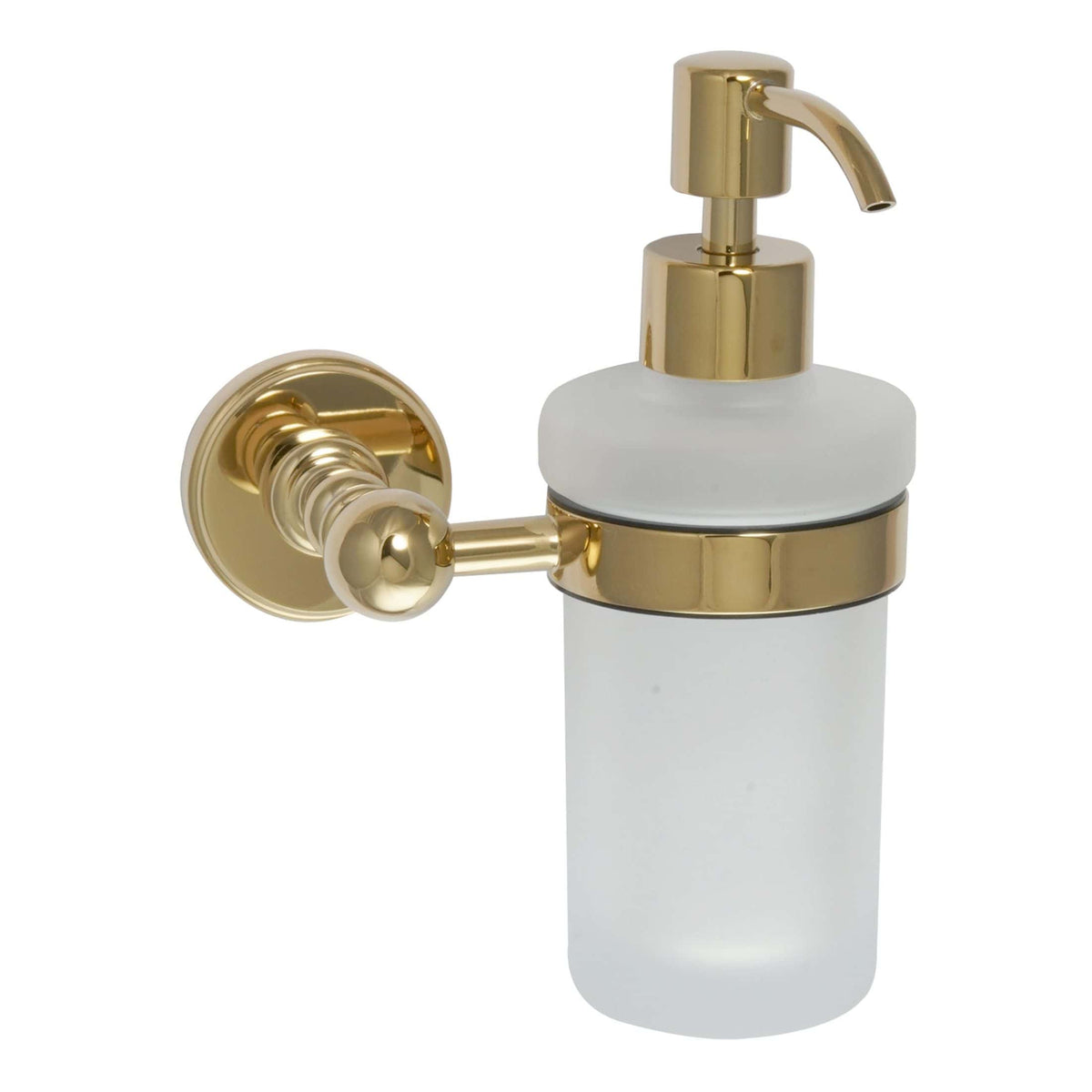 Gold and frosted glass bathroom soap dispenser, wall-mounted with sleek design. Perfect for luxurious bathrooms and modern decor, providing convenient soap access.