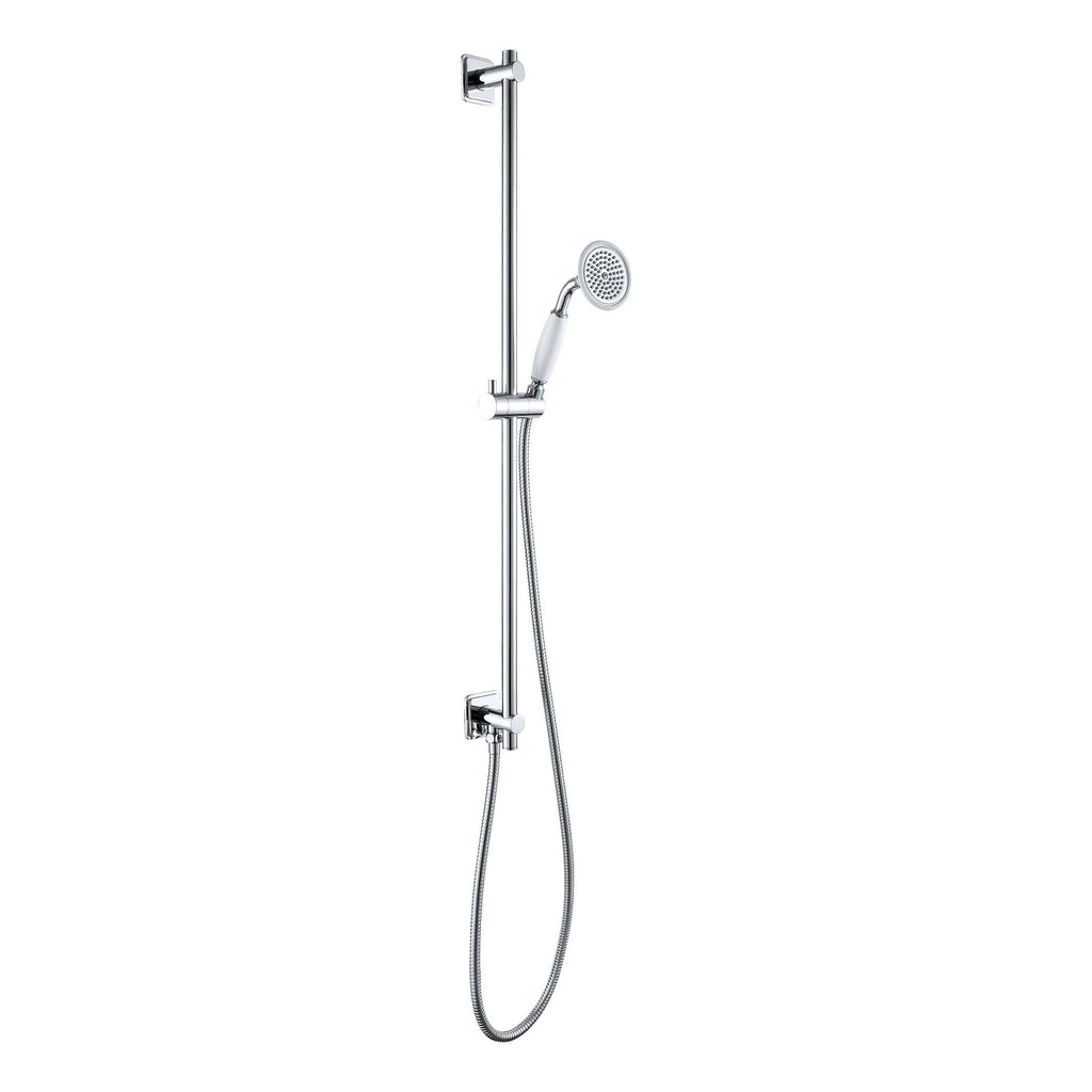 Polished chrome shower system with adjustable handheld shower head and wall mount, ideal for modern bathroom renovations and bespoke shower installations.