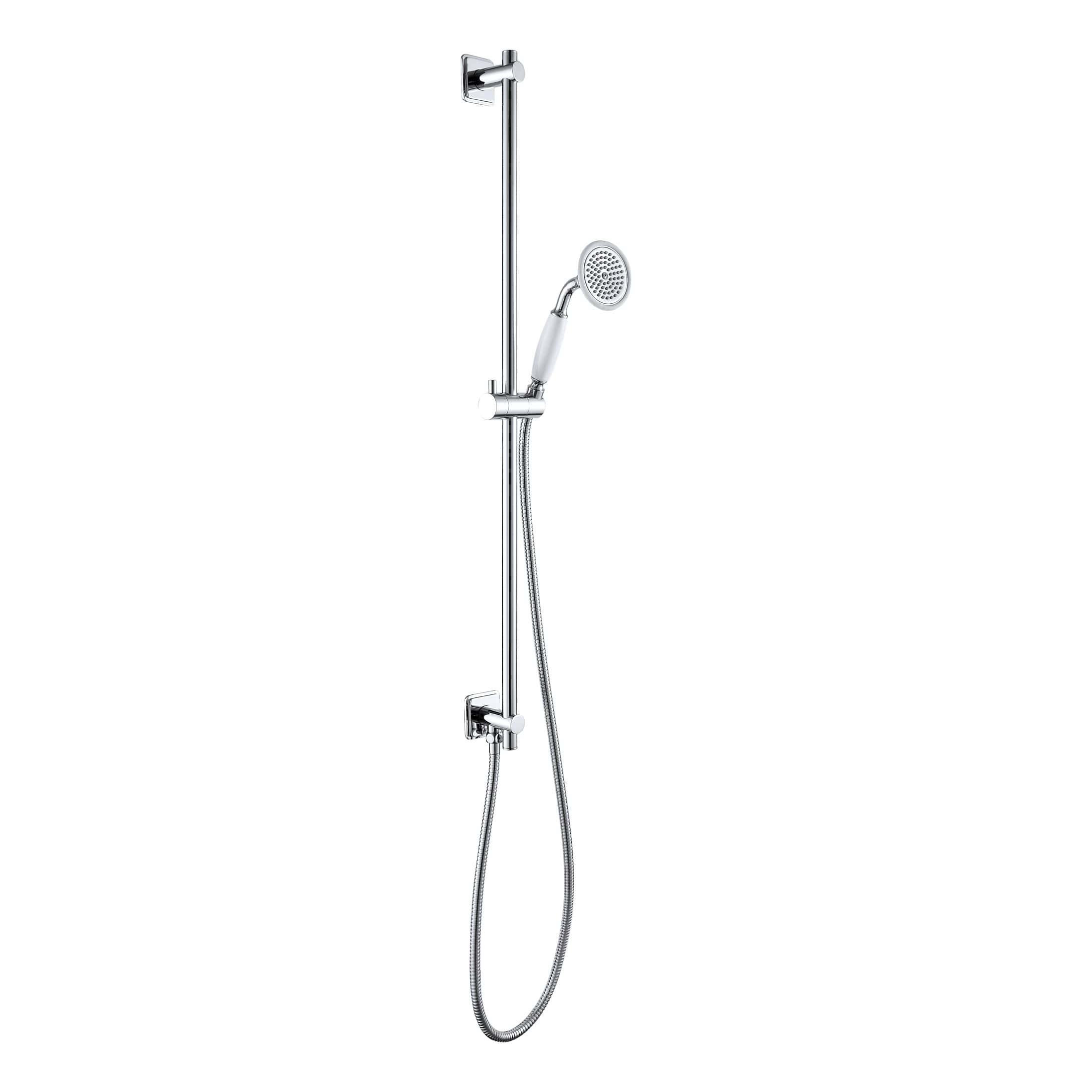 Polished chrome shower system with adjustable handheld shower head and wall mount, ideal for modern bathroom renovations and bespoke shower installations.
