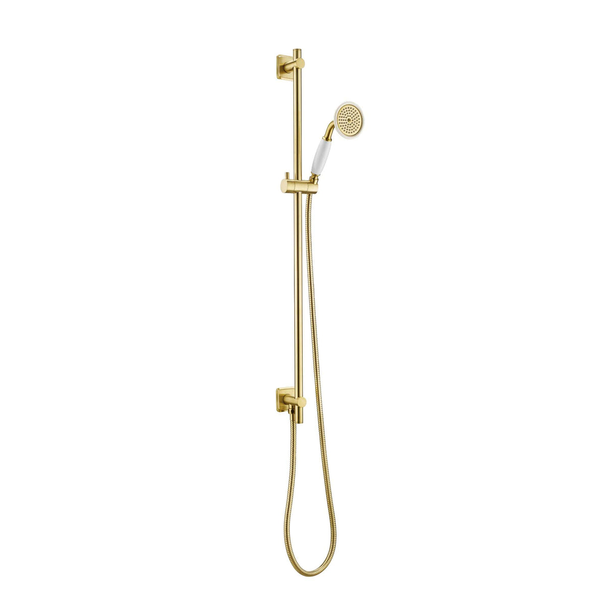Polished gold shower panel with detachable hand-held showerhead, modern bathroom fixture by Bubly Bathrooms.