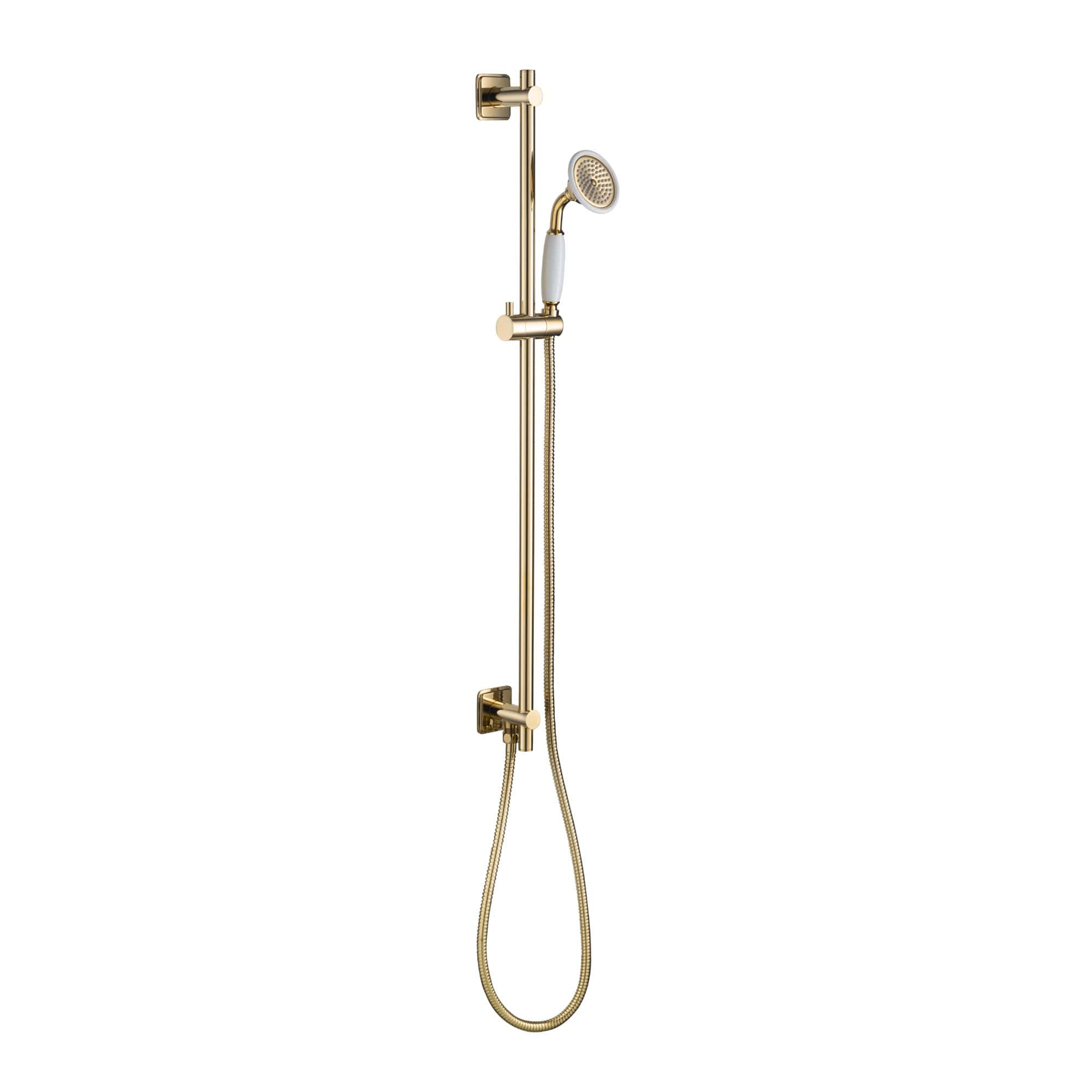 Shower rail and handheld showerhead set with gold finish, modern bathroom accessories for luxurious showers. Perfect for upgrading your Bubly bathroom decor.