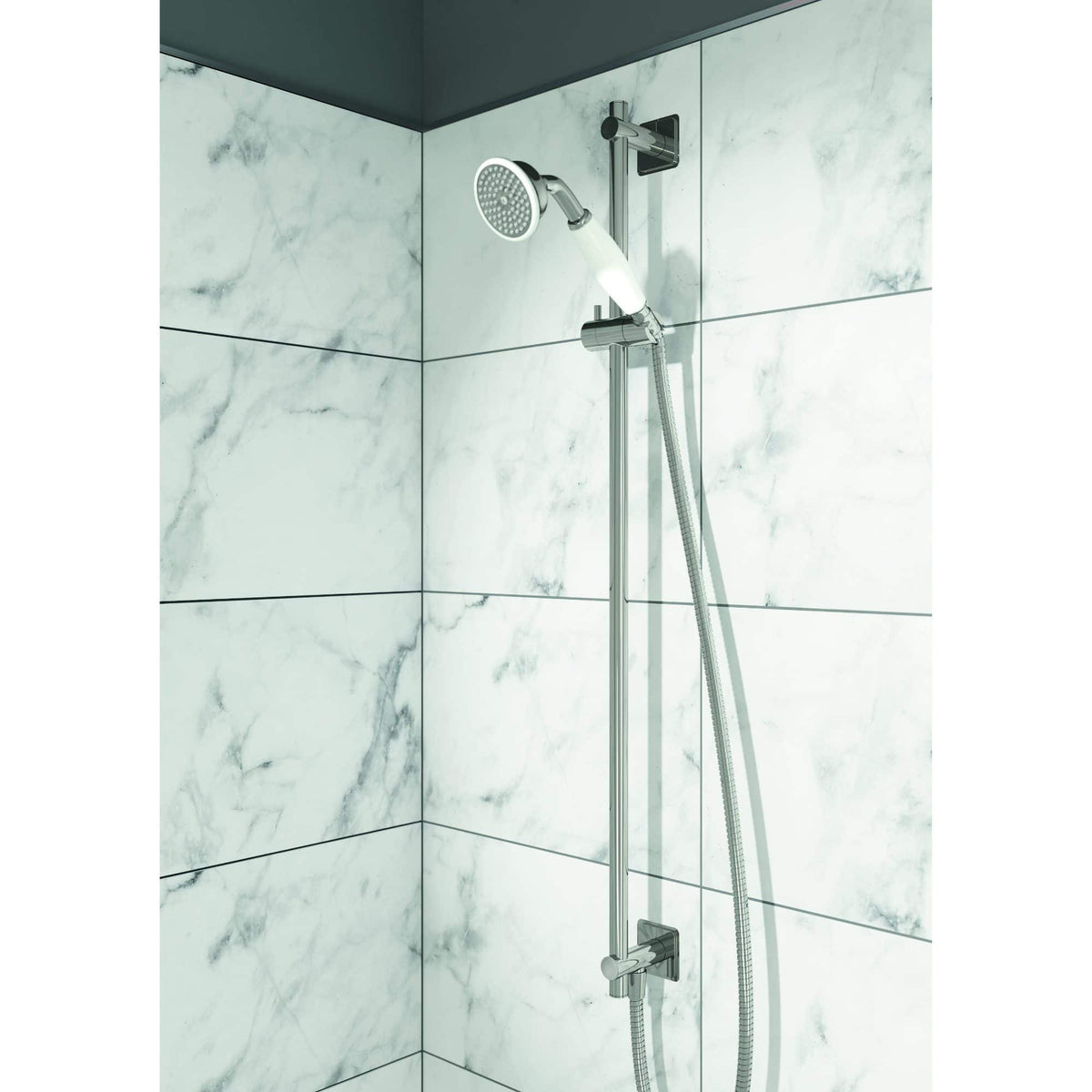 Shower rail with adjustable handheld showerhead in modern marble-tiled bathroom, stylish and functional bathroom shower fixture.