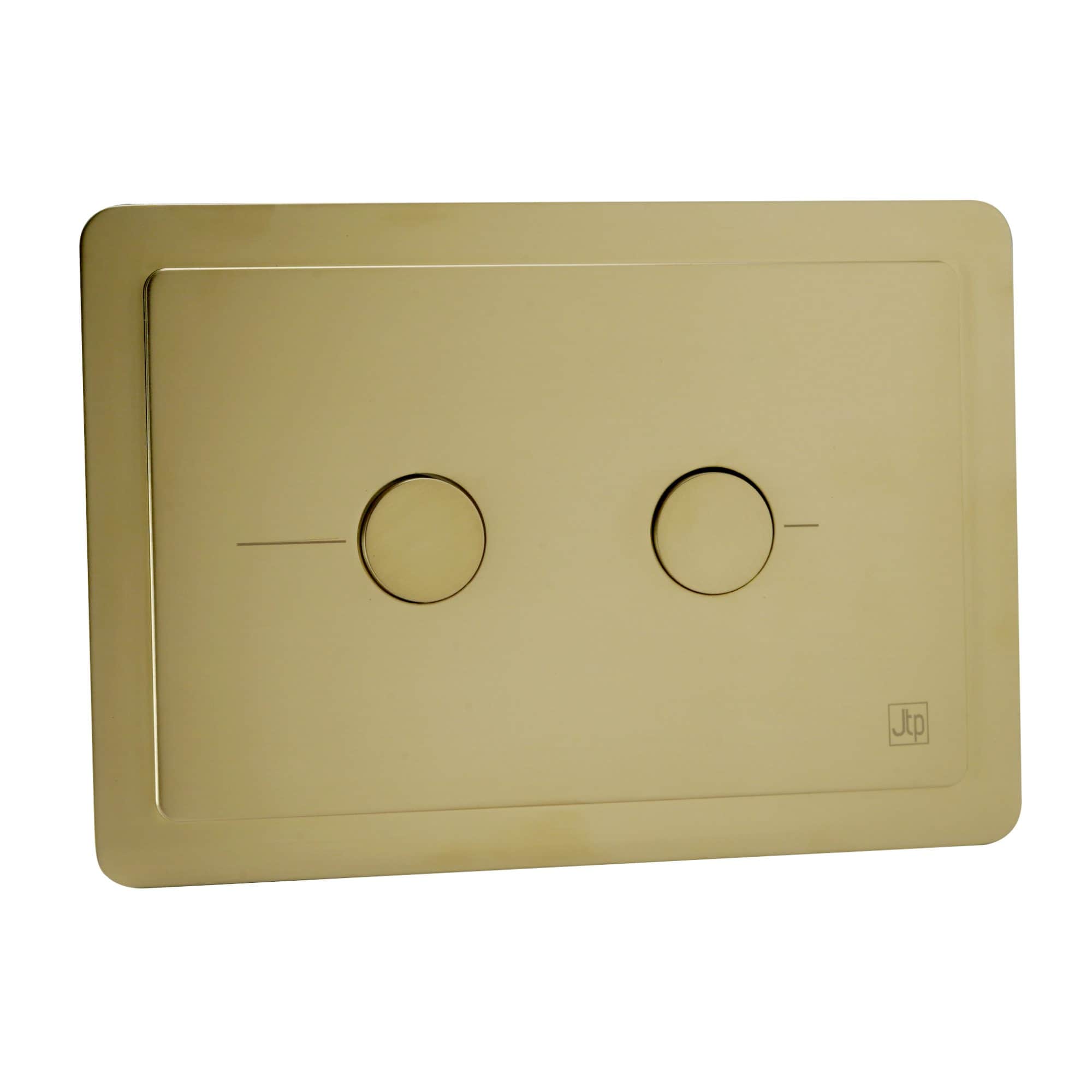 Bright gold flush plate with dual flush buttons for modern bathroom bathrooms, designed for efficiency and style, compatible with Bubly Bathrooms fixtures.