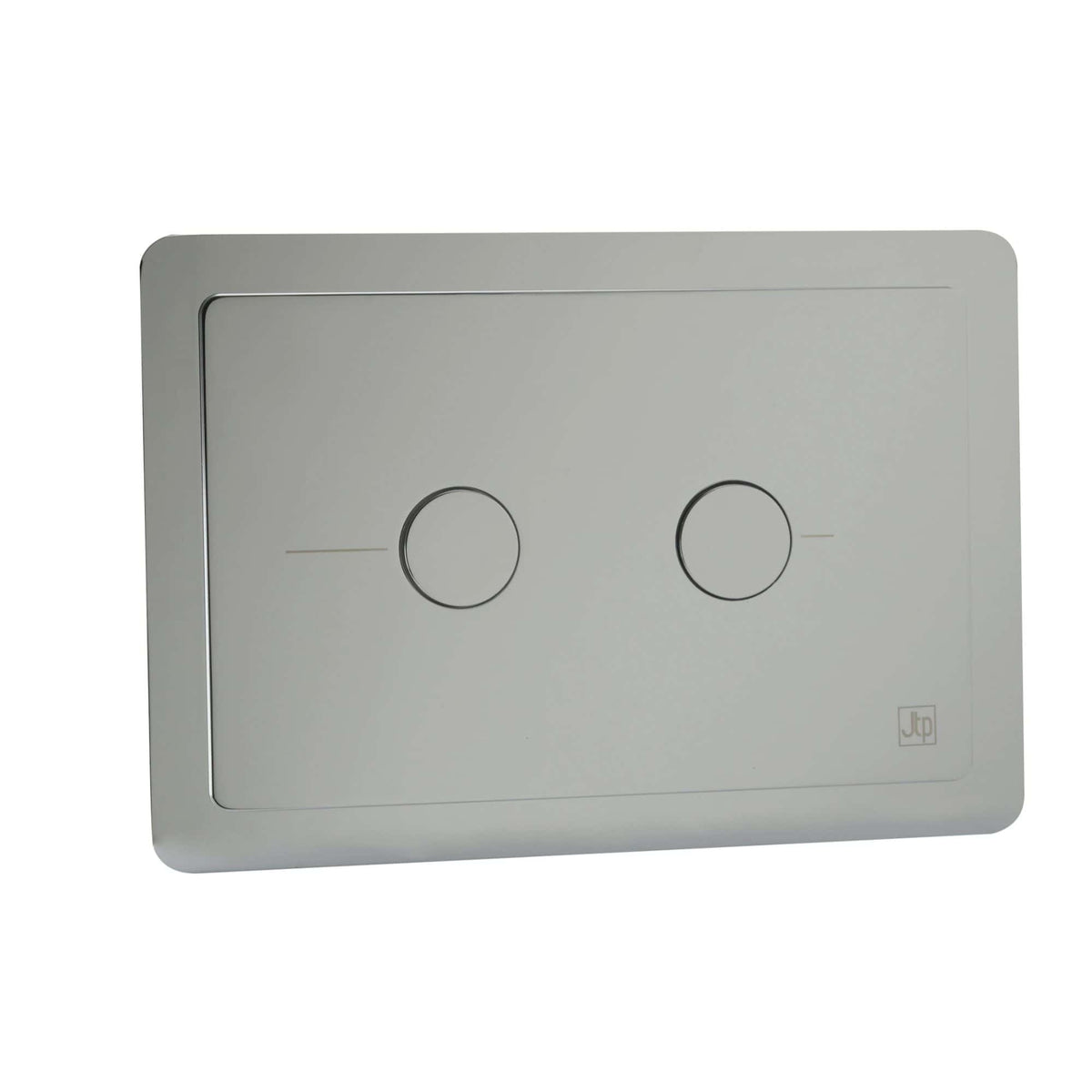 Sleek stainless steel flush plate with two round buttons, designed for modern bathroom toilets, featuring easy-to-use dual control system, ideal for contemporary bathroom remodels.