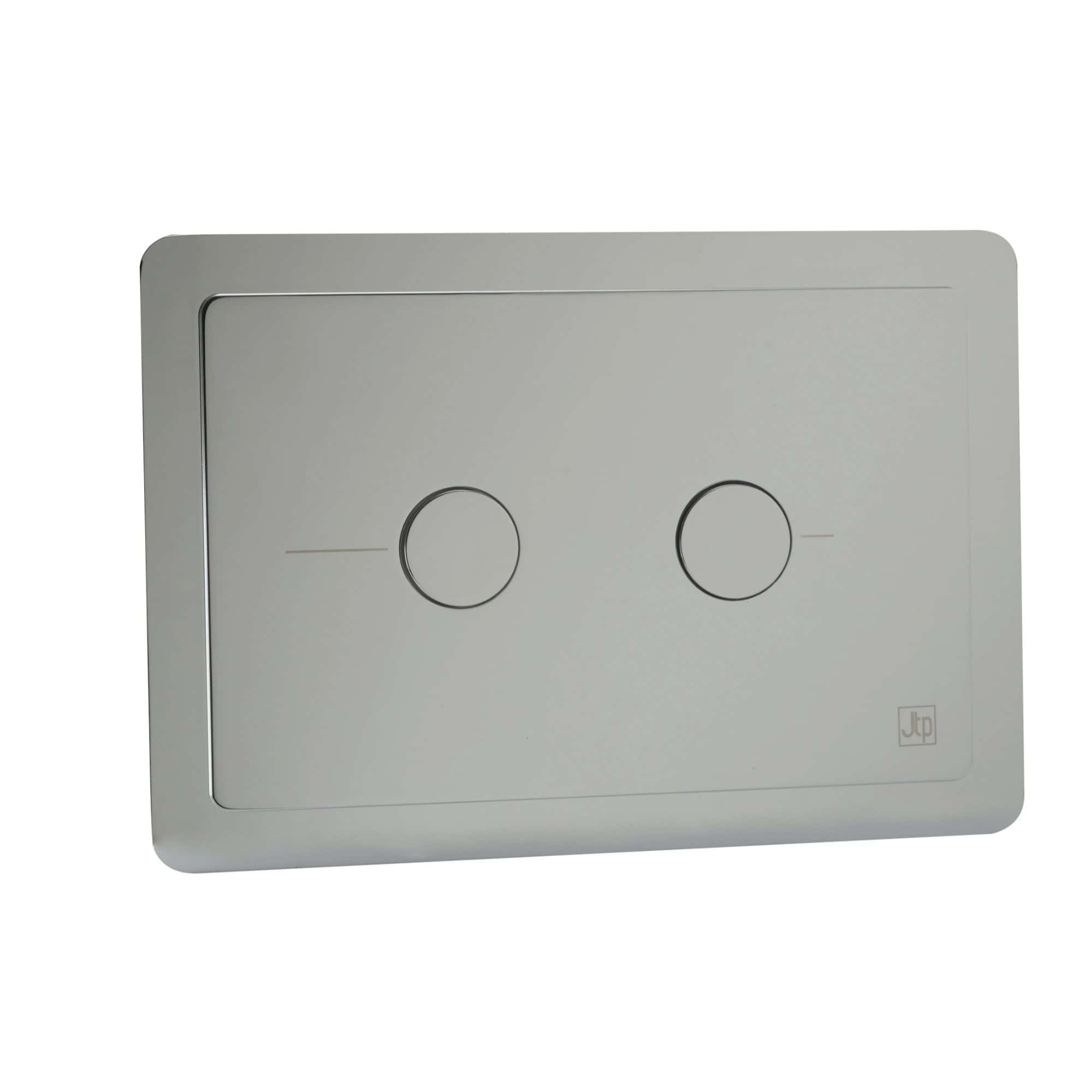Sleek stainless steel flush plate with two round buttons, designed for modern bathroom toilets, featuring easy-to-use dual control system, ideal for contemporary bathroom remodels.