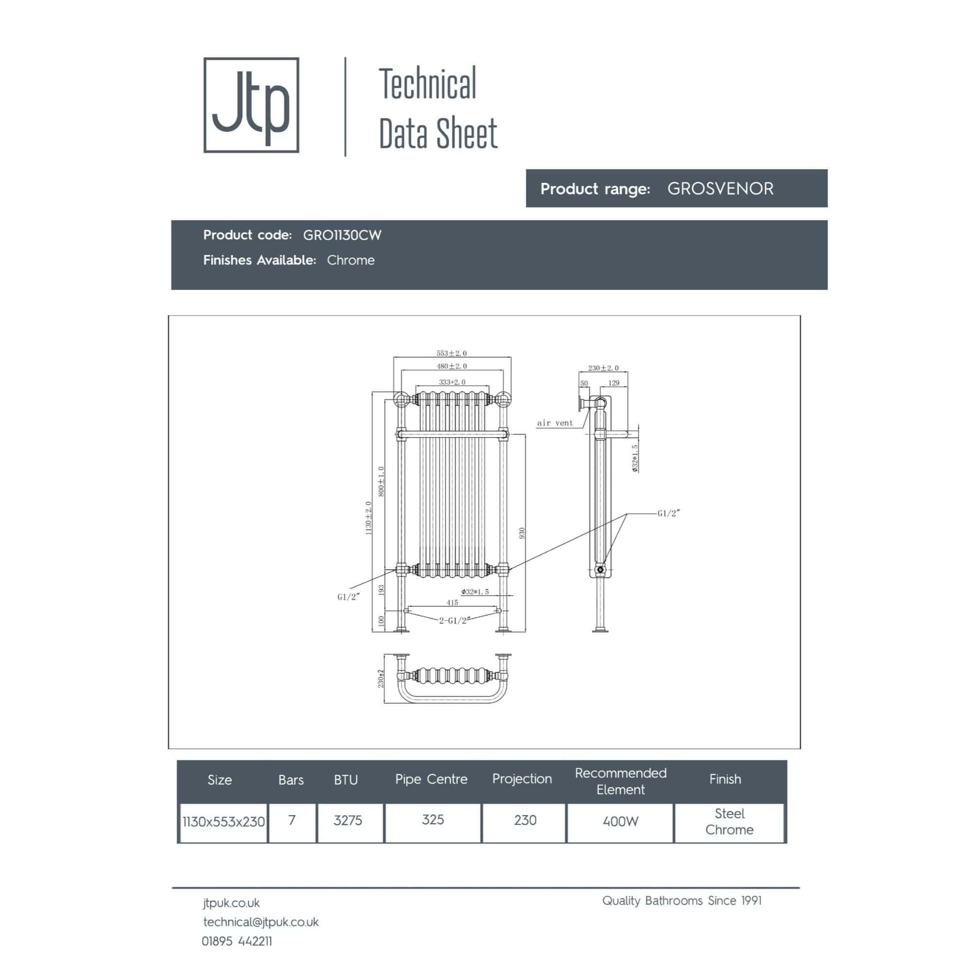 Grosvenor bathroom radiator in chrome finish with detailed technical specifications and dimensions for heating and home decor.