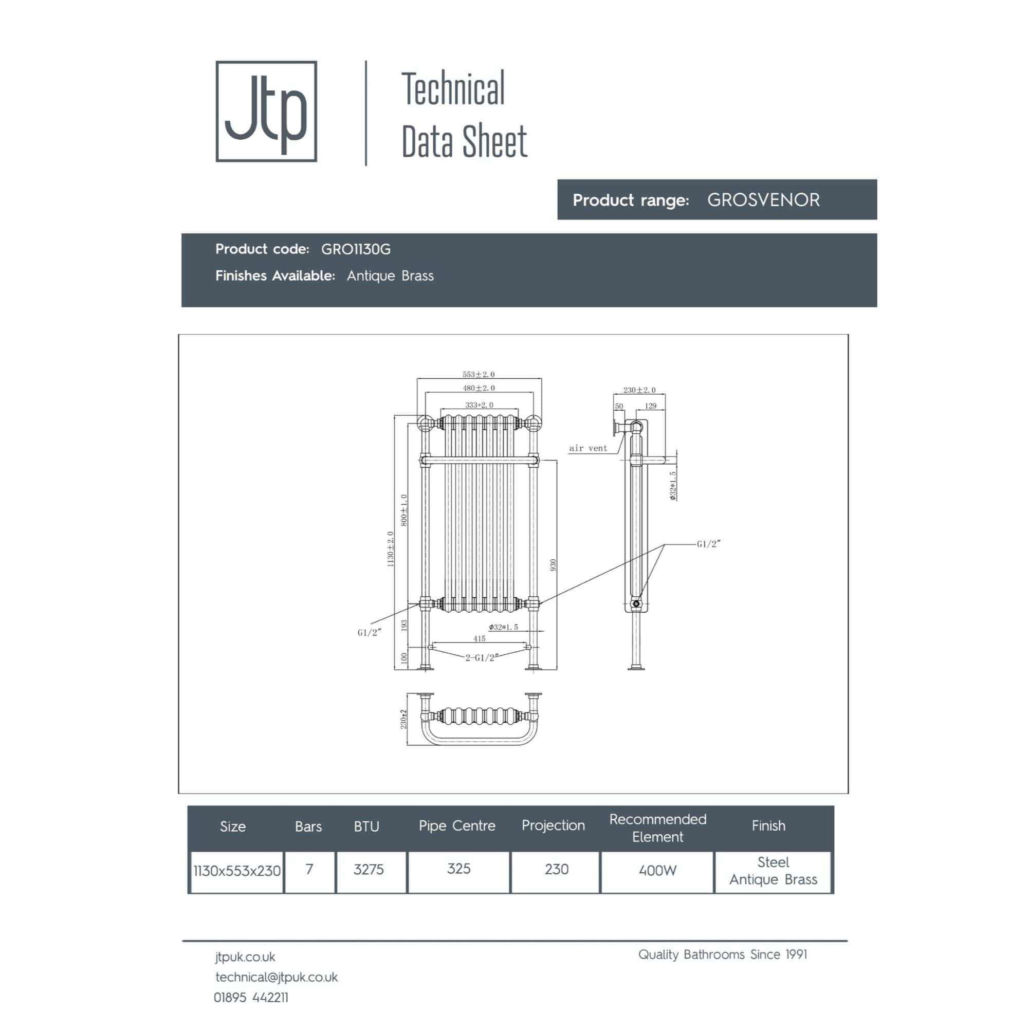 Heavy-duty radiator with antique brass finish, showcased in technical drawing for bathroom heating solutions. Suitable for premium bathroom designs, combining durability and classic style.
