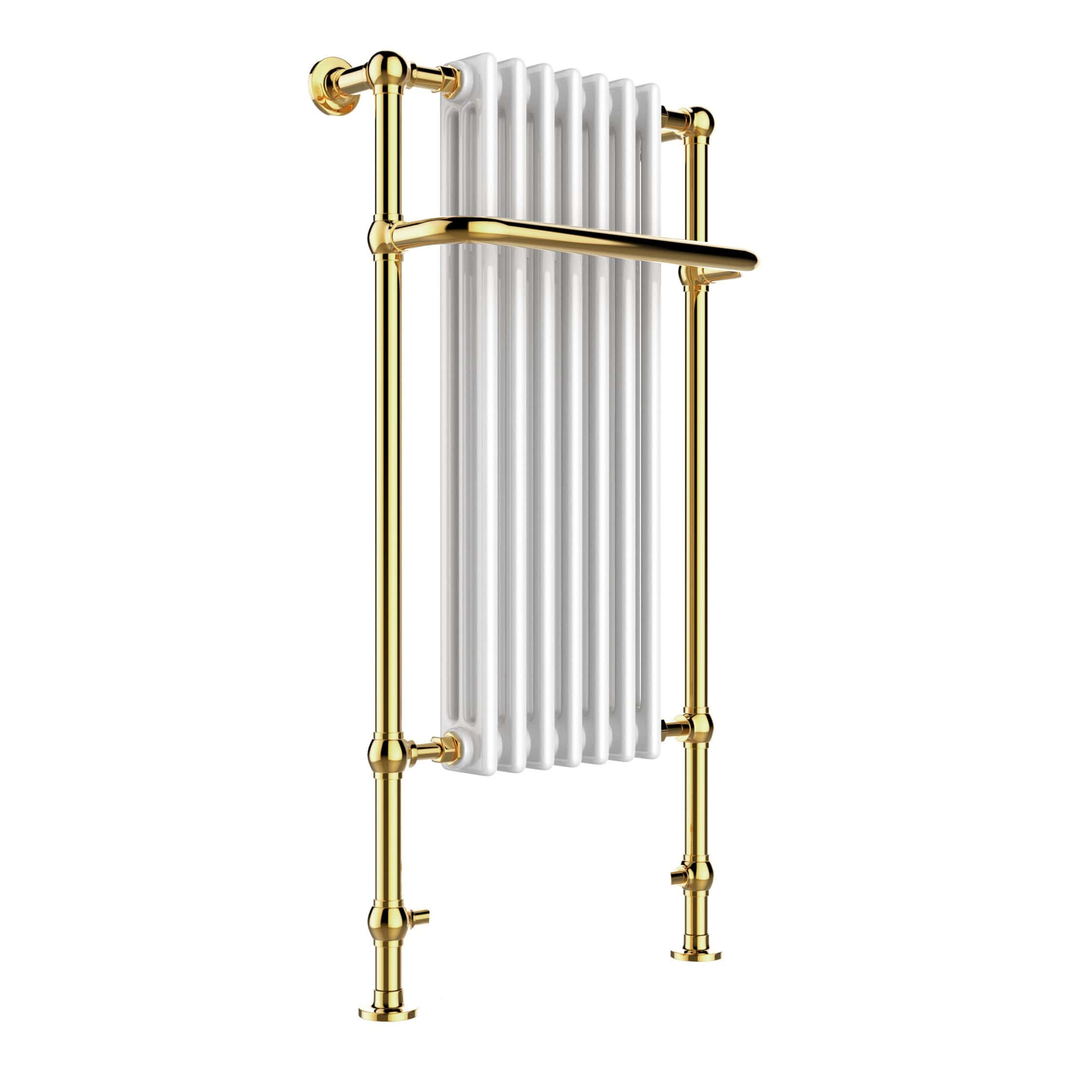 Elegant heated radiator with gold piping and white panels, ideal for upgrading bathroom decor and functionality; perfect for modern, luxurious bathrooms.