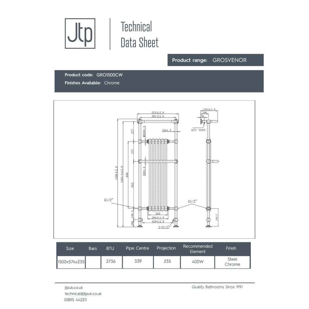 High-quality technical diagram of a GLOSVENOR towel radiator from Bubly Bathrooms, showcasing chrome-finished steel heating radiator with detailed measurements and specifications.