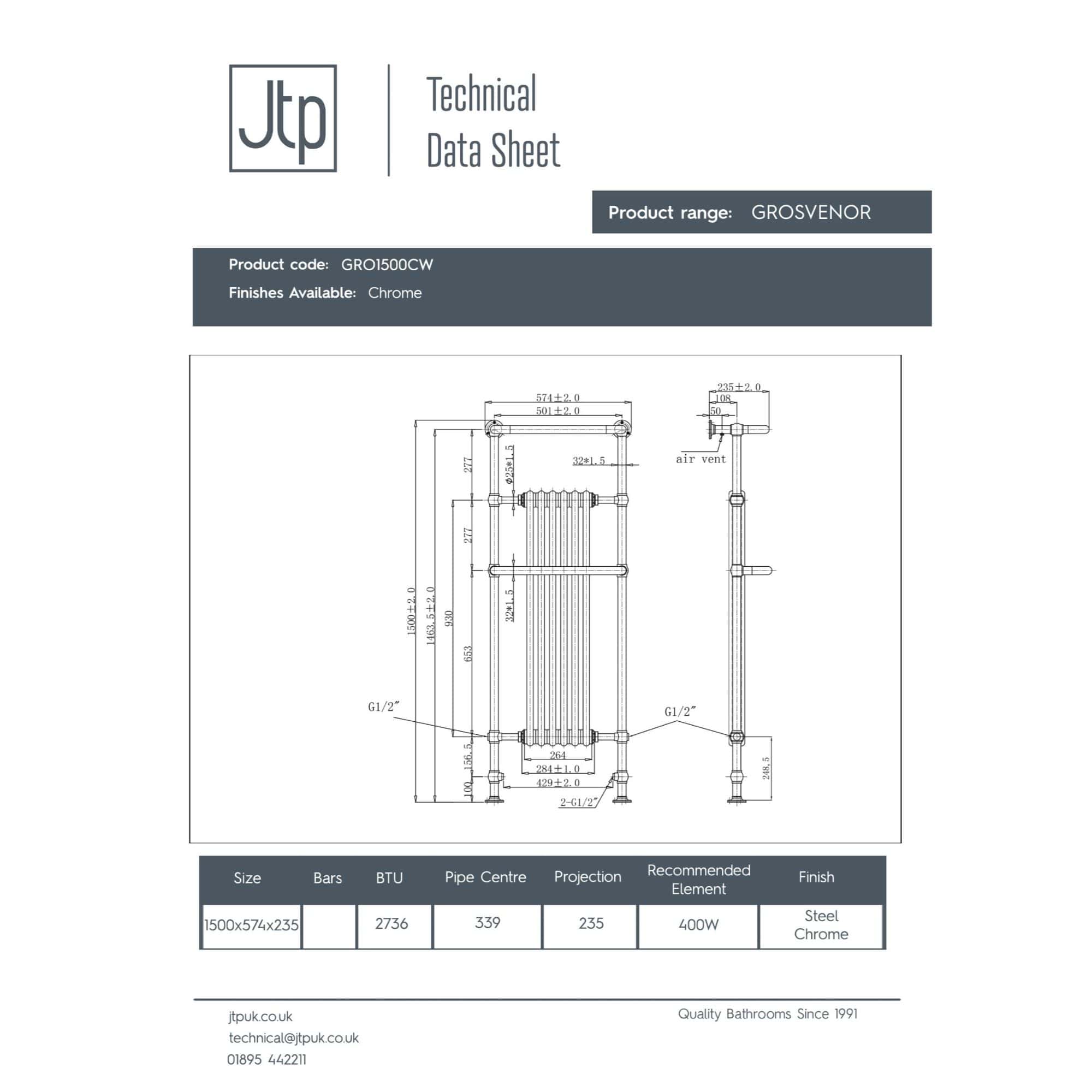 High-quality technical diagram of a GLOSVENOR towel radiator from Bubly Bathrooms, showcasing chrome-finished steel heating radiator with detailed measurements and specifications.
