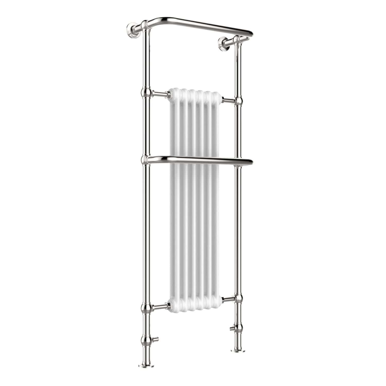 Elegant chrome towel radiator with white heating elements, ideal for modern bathrooms, providing efficient warmth and stylish design for improved bathroom heating solutions.