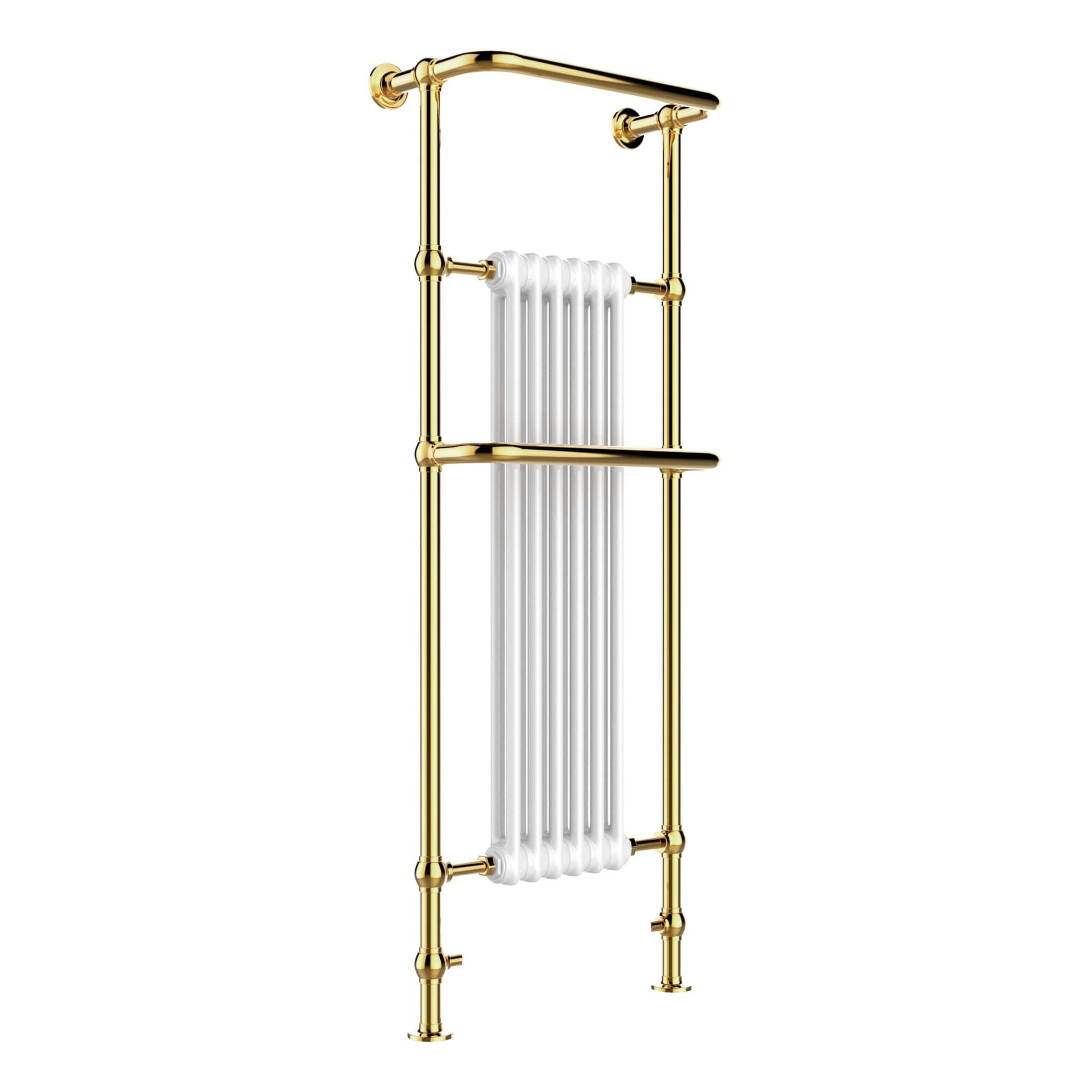 Radiator with gold finish and towel rail, bathroom heating solution, modern heated towel radiator design, Bubly Bathrooms luxury bathroom accessories UK.