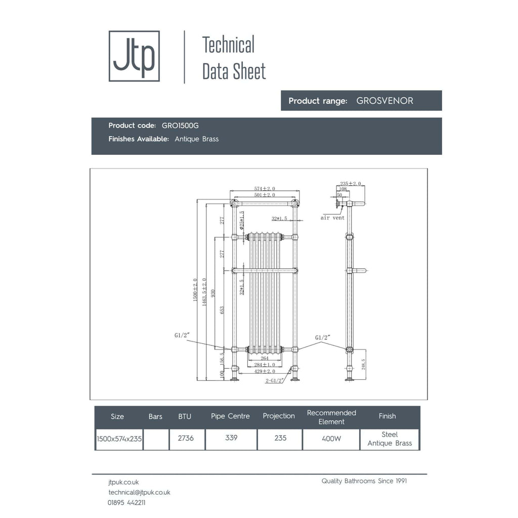 Grosvenor radiator technical drawing for luxurious antique brass bathroom heating solutions.