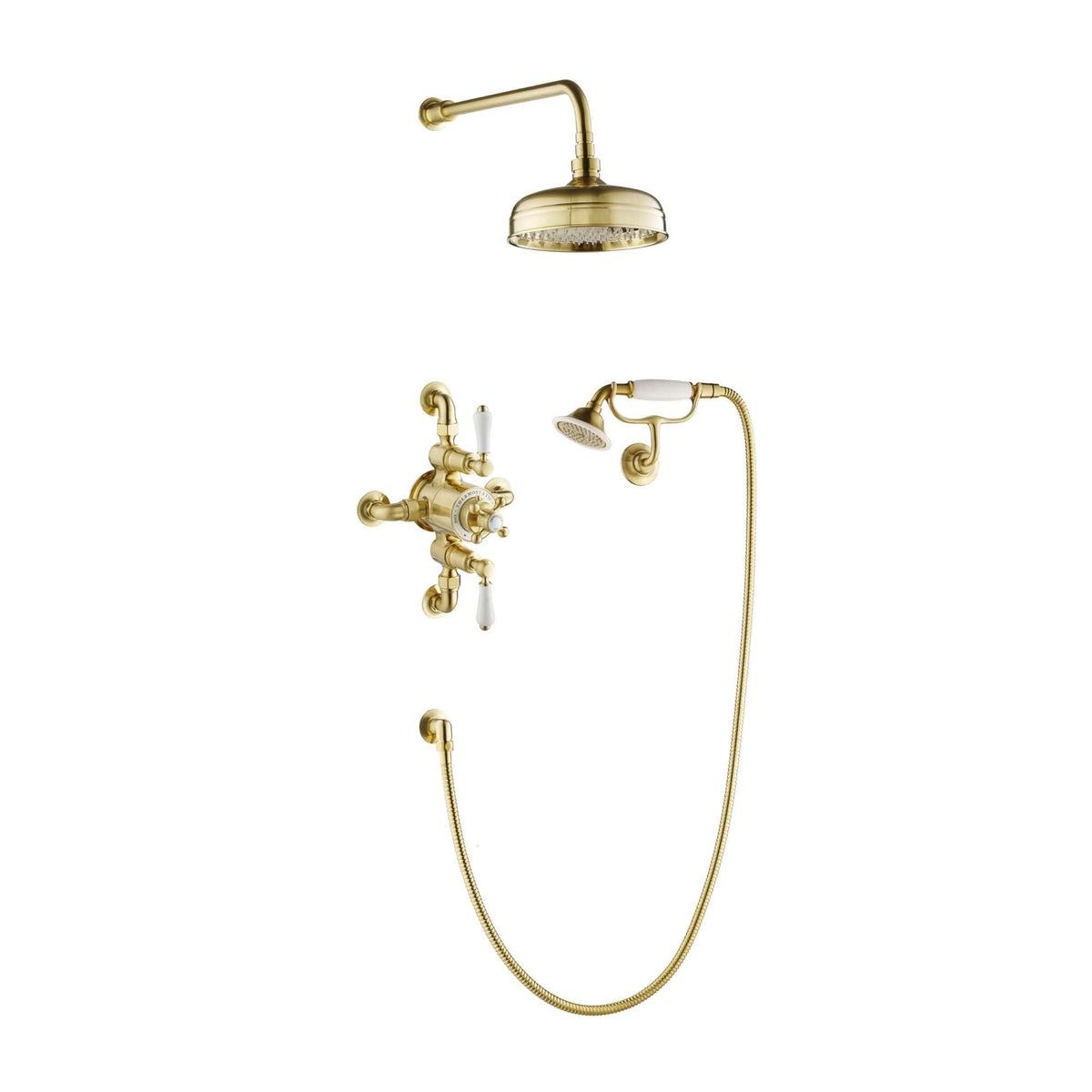 Luxurious gold bathroom shower set with vintage-style mixer tap, overhead shower, handheld shower, and flexible hose, perfect for elegant and modern bathroom designs.