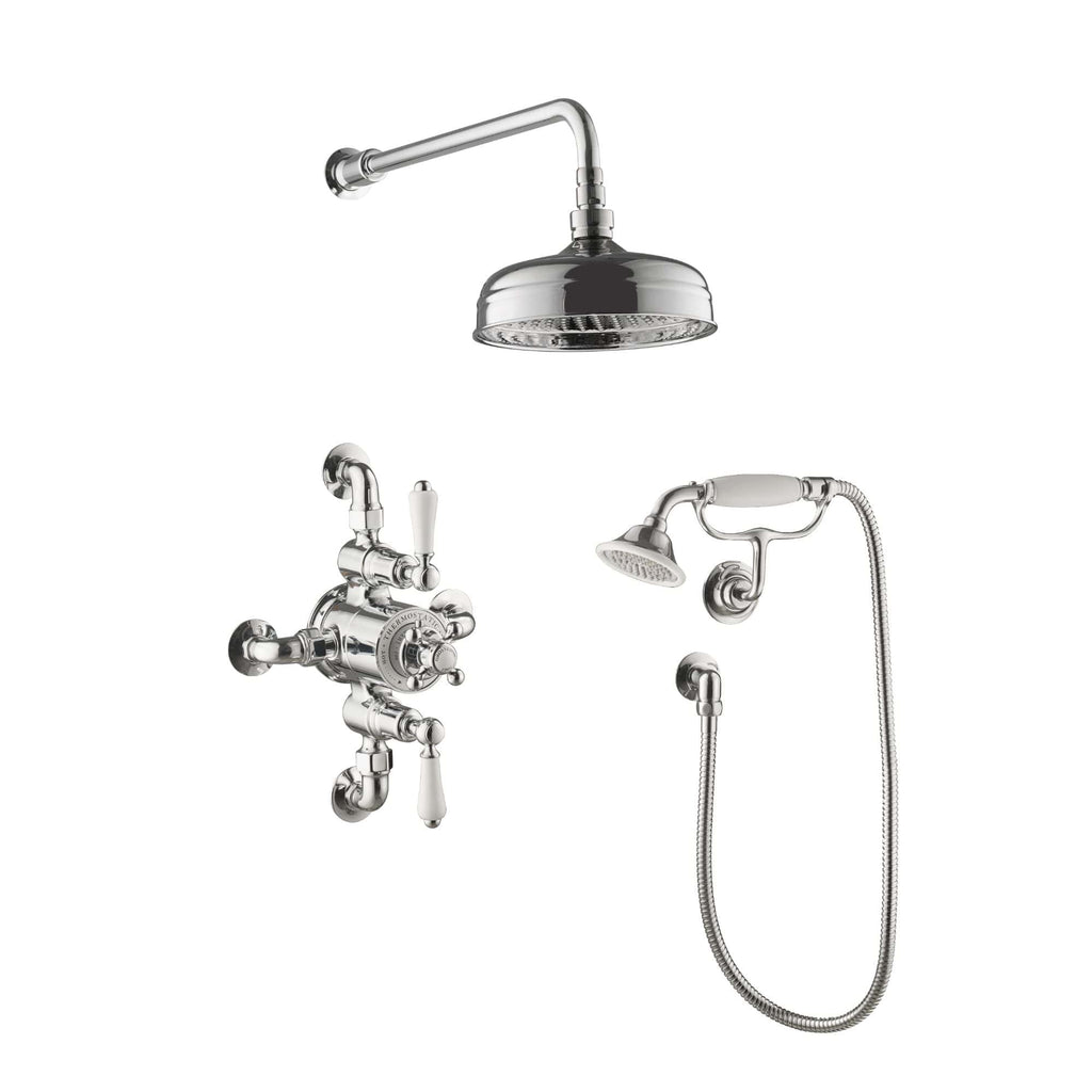 Showerhead and vintage-style bathroom mixer tap set with handheld shower on flexible hose, chrome finish, ideal for classic or contemporary bathroom renovation.
