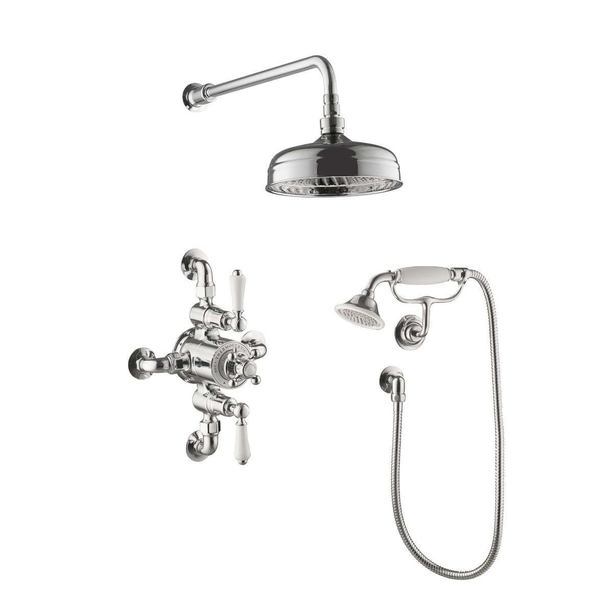 Showerhead and vintage-style bathroom mixer tap set with handheld shower on flexible hose, chrome finish, ideal for classic or contemporary bathroom renovation.