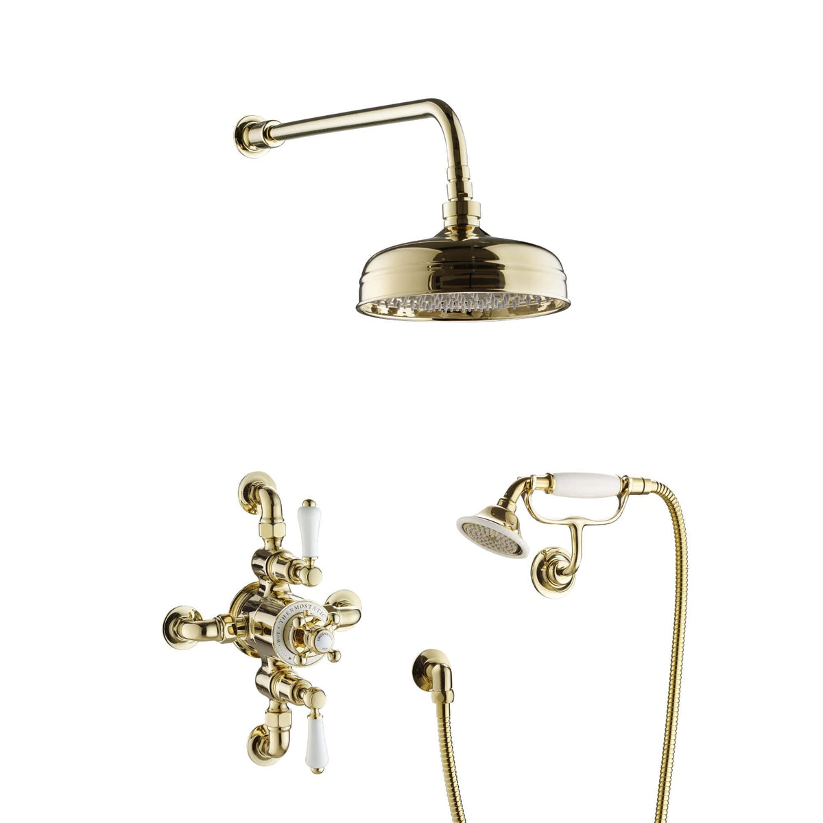 Elegant gold bathroom shower set with vintage-inspired fixtures, including overhead shower, handheld showerhead, and classic wall-mounted tap for luxurious bathing experience.