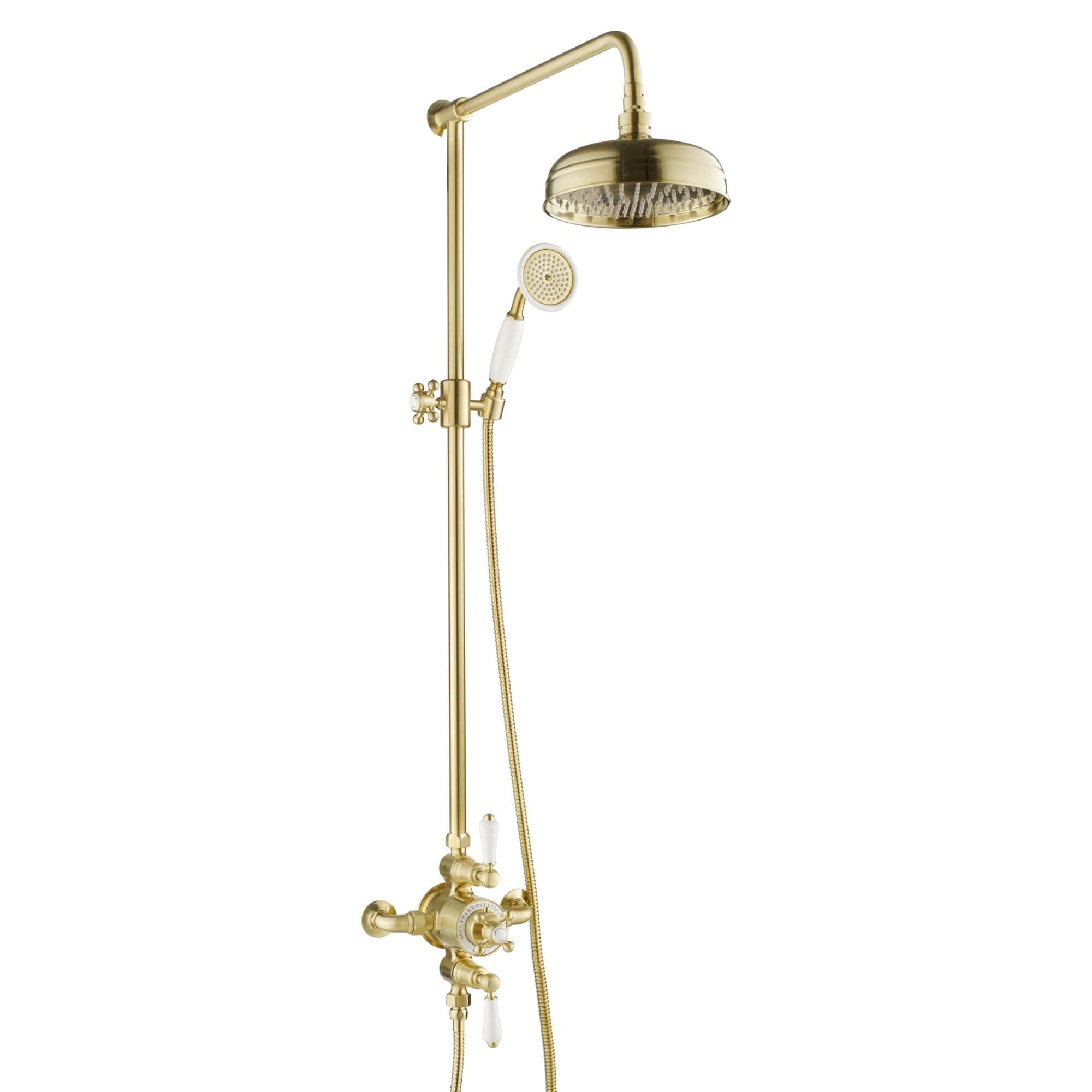 Polished brass vintage style shower fixture with handheld showerhead and classic design.
