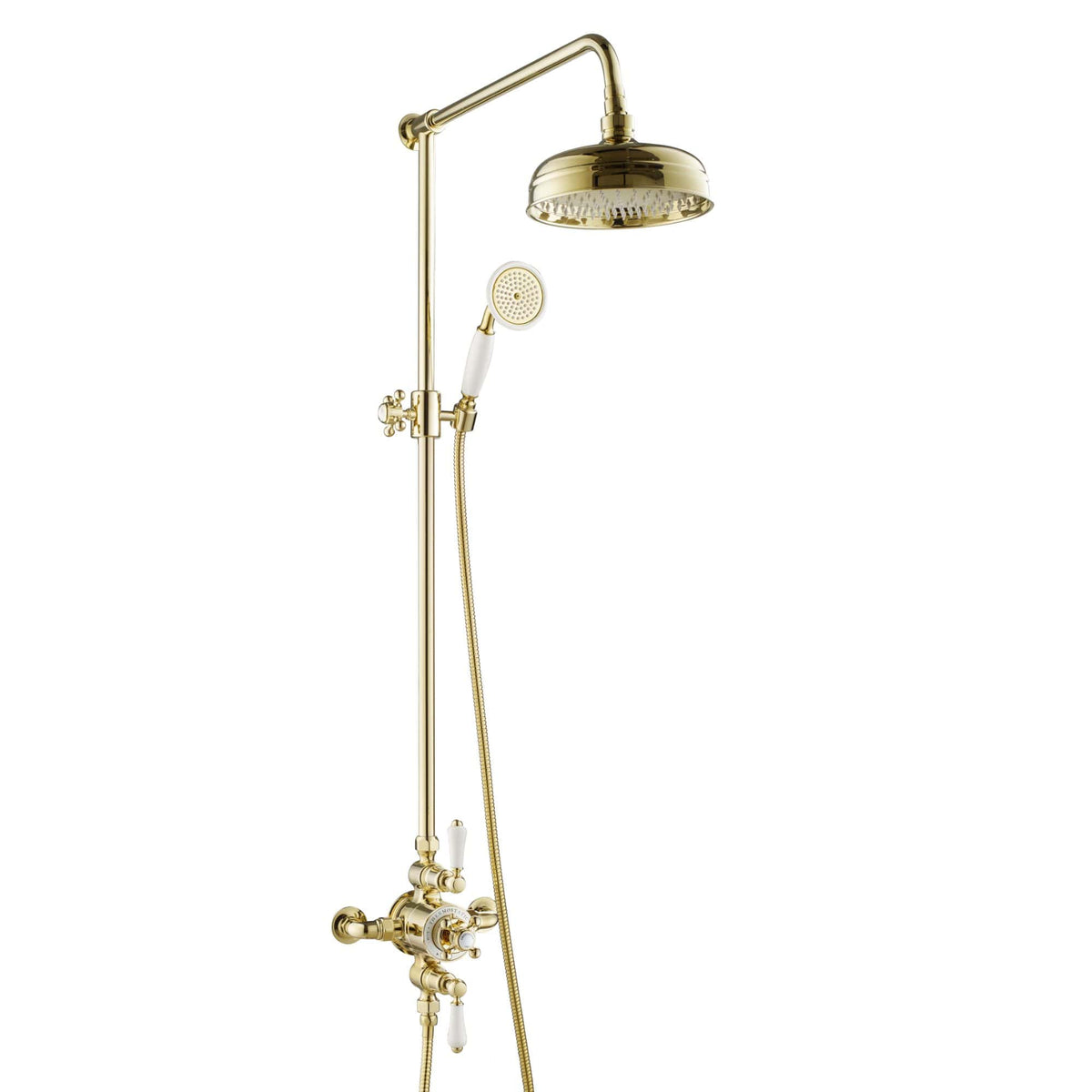 Polished brass vintage-style shower set with overhead shower and handheld shower head, perfect for elegant bathroom refurbishment.
