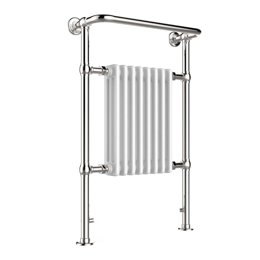 Elegant chrome towel radiator with white vertical heating panels, ideal for modern bathroom decor and efficient heating. Perfect for towel drying and adding style to your bathroom space.
