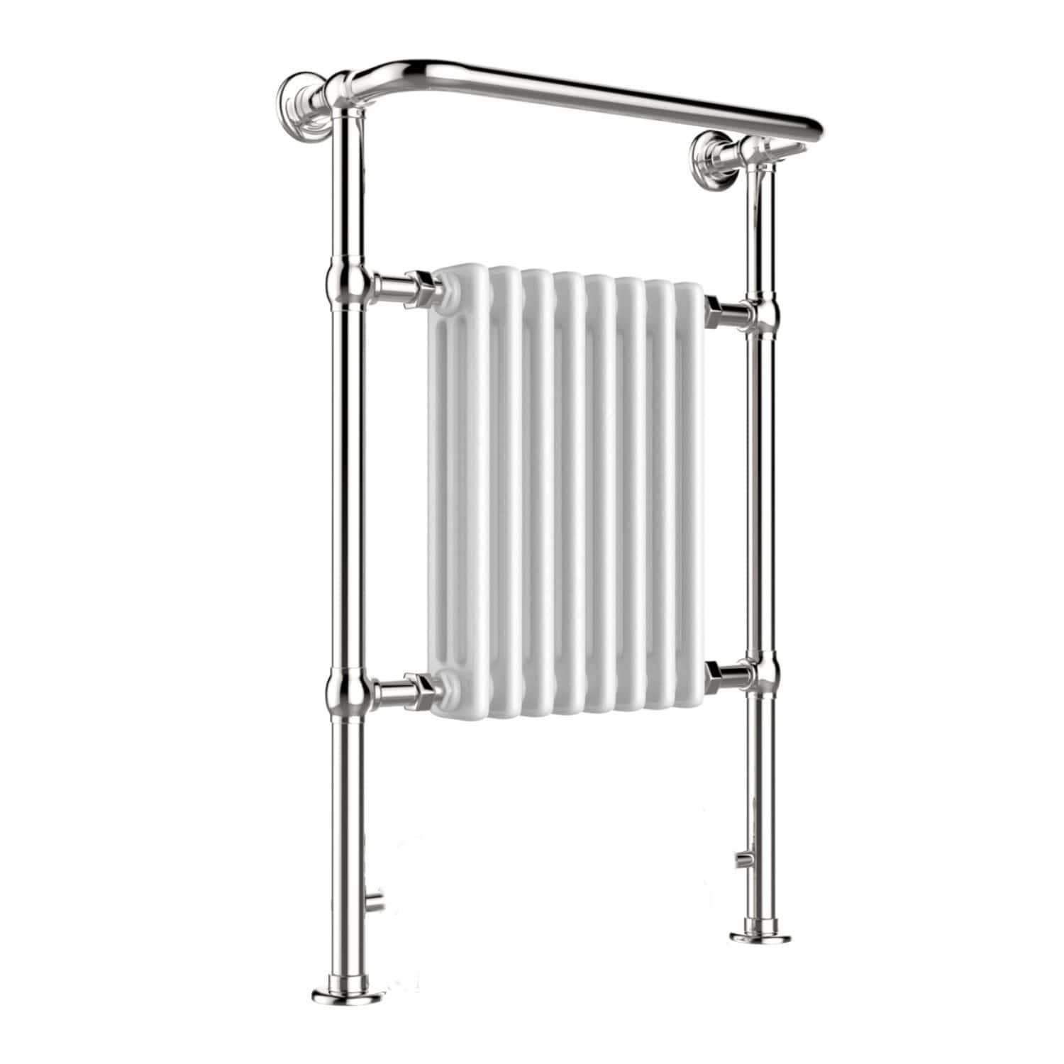 Elegant chrome towel radiator with white vertical heating panels, ideal for modern bathroom decor and efficient heating. Perfect for towel drying and adding style to your bathroom space.