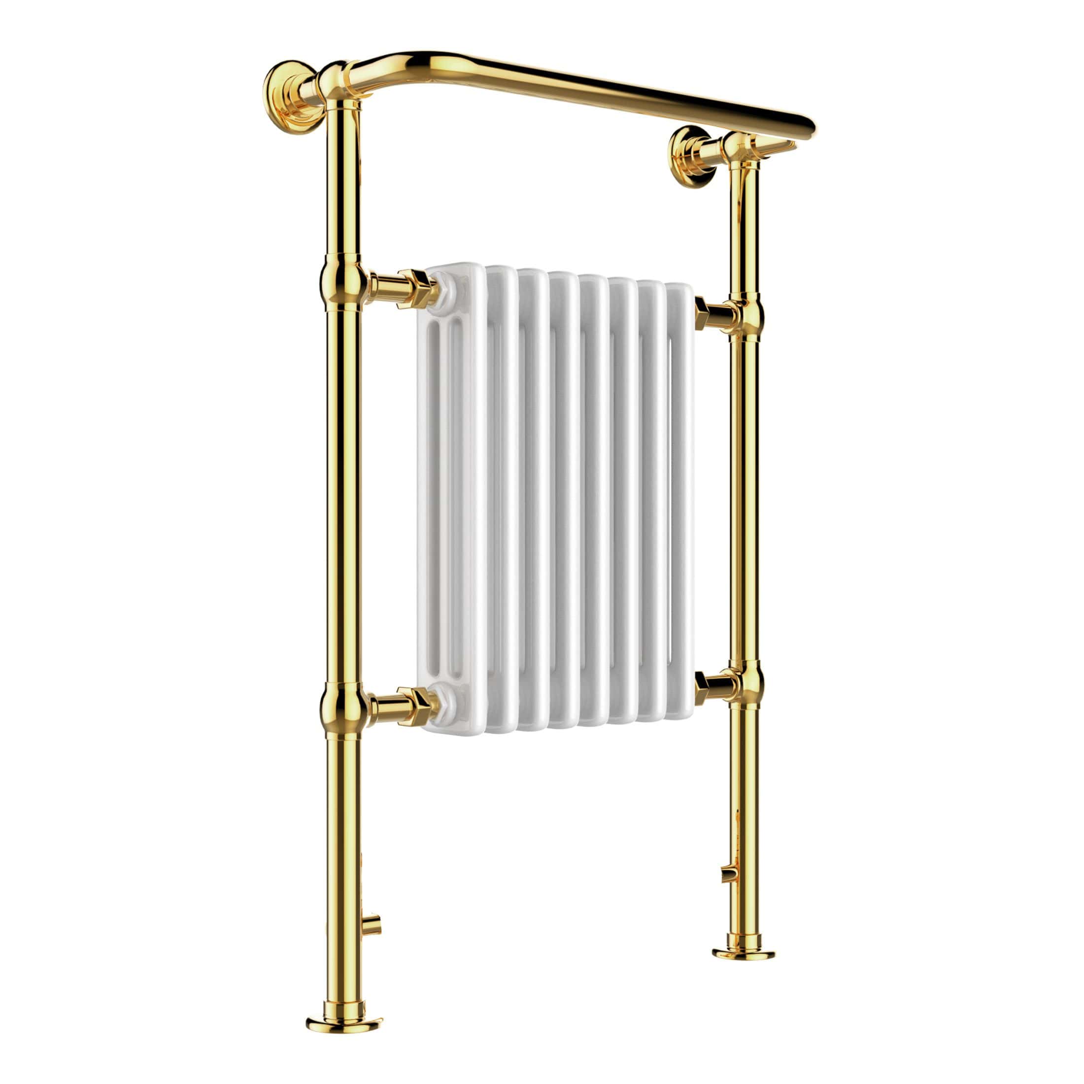 Polished gold framed radiator with a white central panel, modern bathroom heating solution from Bubly Bathrooms.