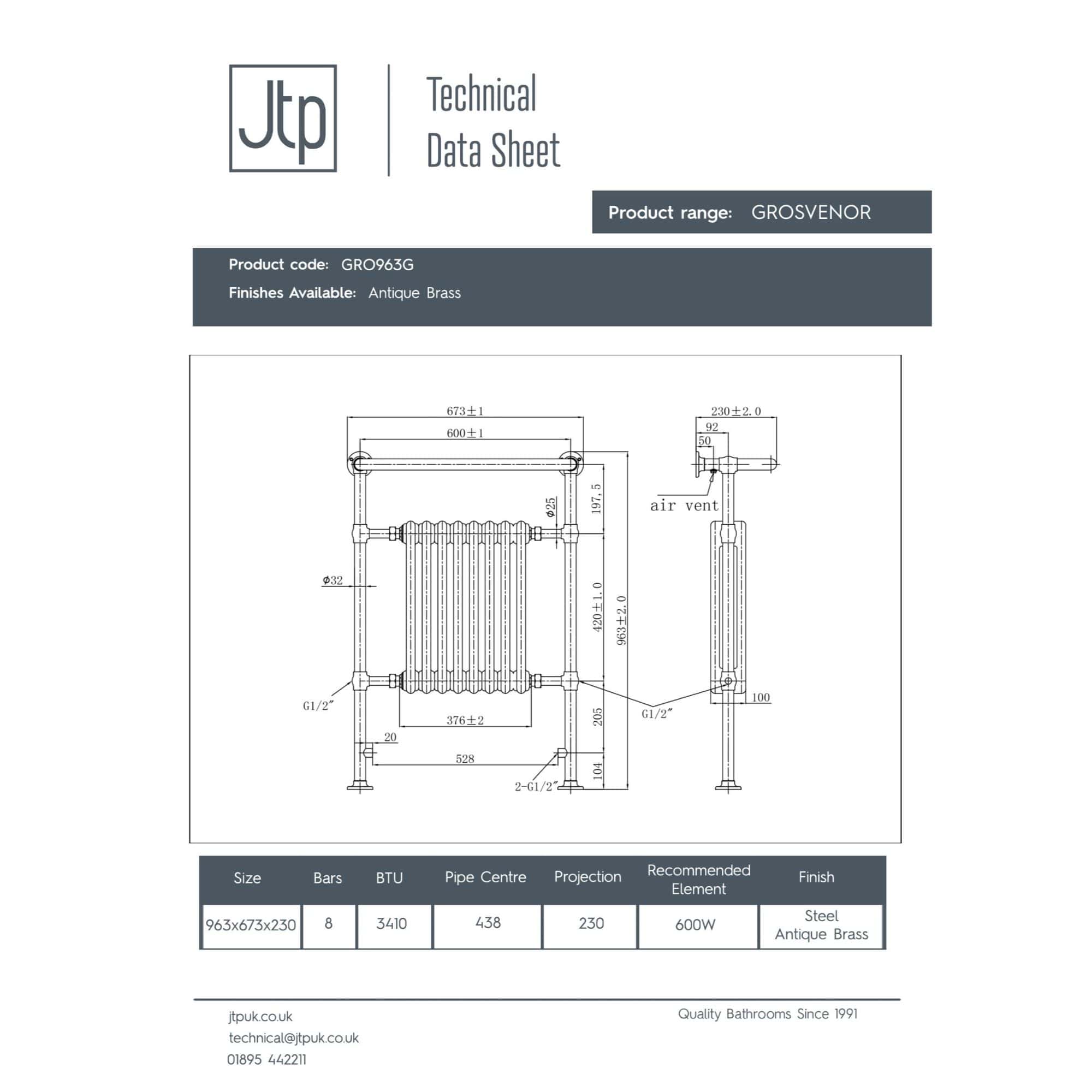 Elegant antique brass towel radiator from Bubly Bathrooms, perfect for modern and vintage bathroom decor, providing efficient heat and stylish design.
