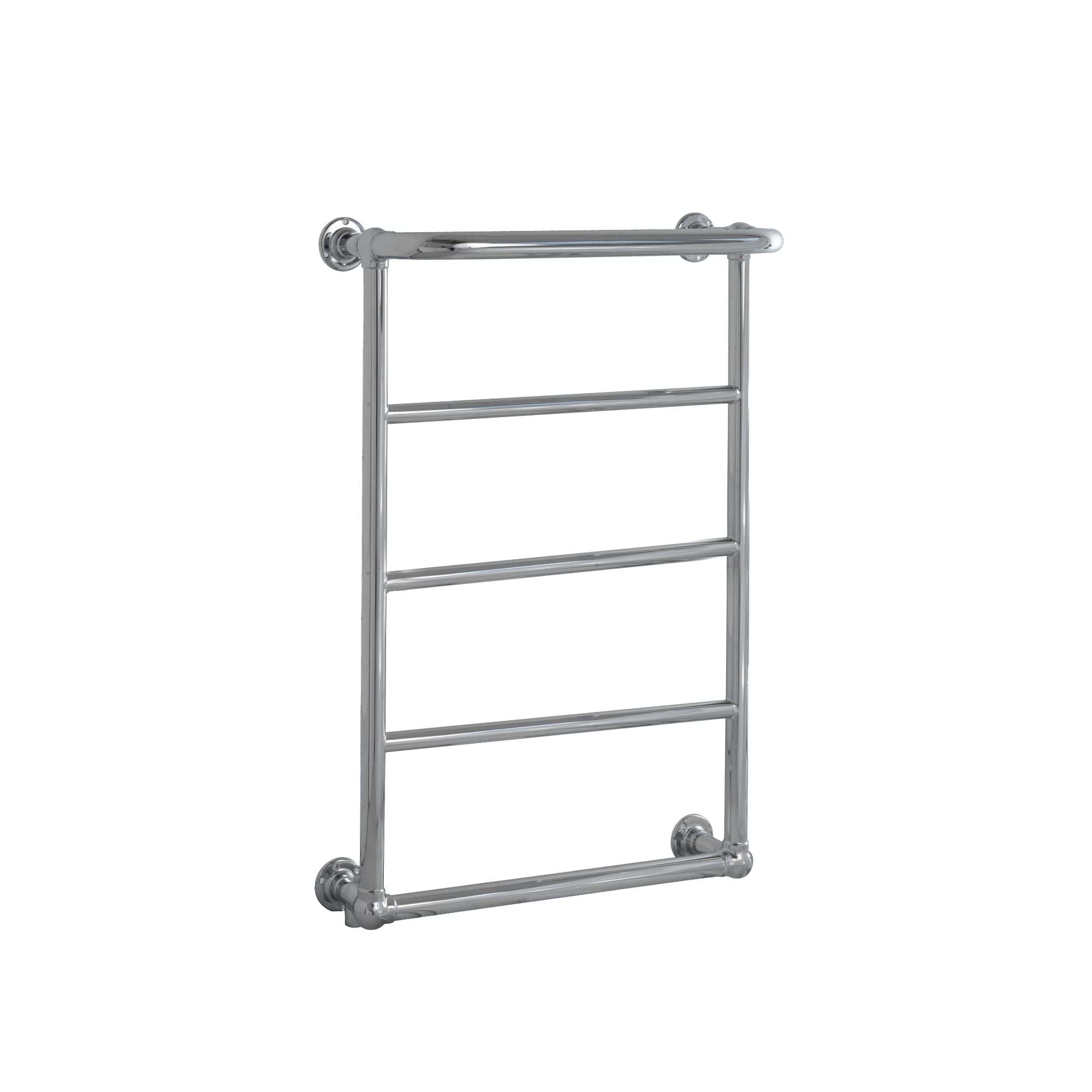 Shiny chrome heated towel rail for modern bathrooms, ideal for drying and warming towels efficiently. Durable steel construction with a sleek design for bathroom comfort and style.