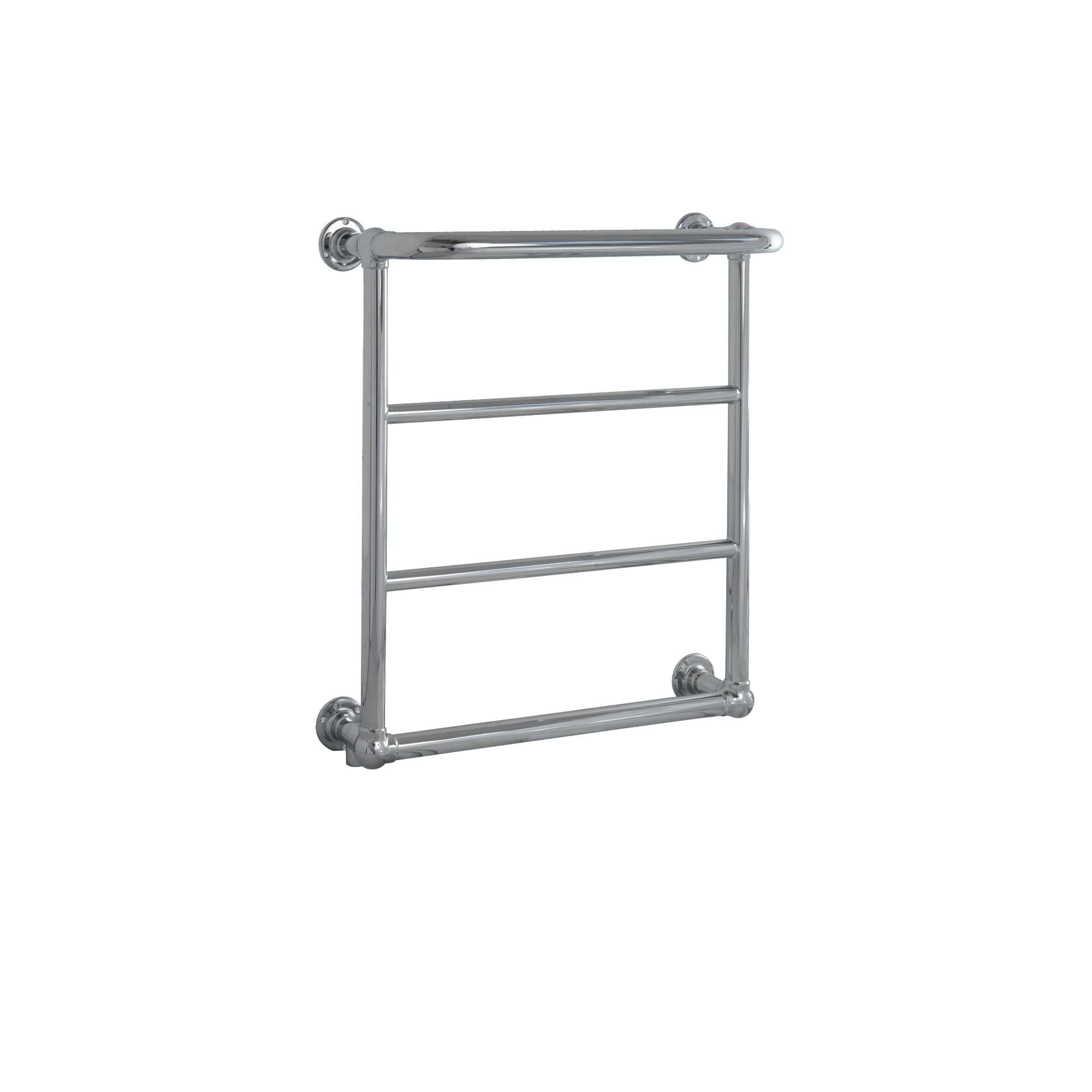 Shiny chrome heated towel rail in a modern bathroom setting, designed for warmth and luxury, featuring horizontal bars and sturdy mounting brackets.