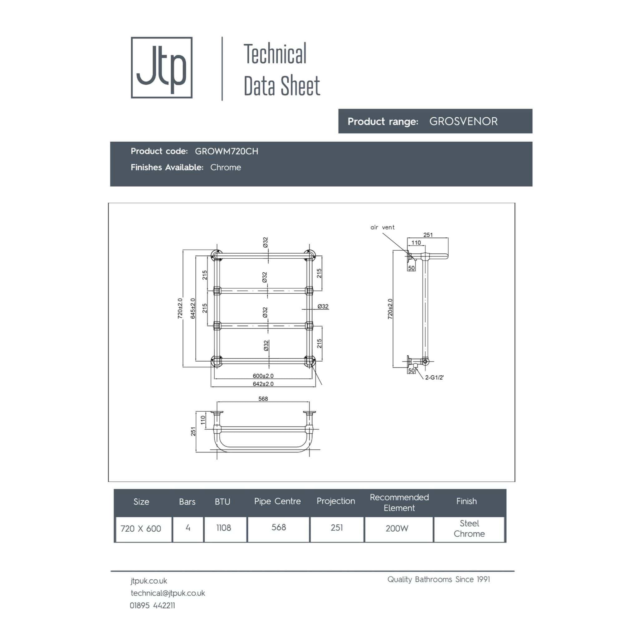 Heavy-duty chrome bathroom towel radiator with four bars, designed for modern heating solutions, suitable for bathrooms, with detailed technical specifications and measurements.