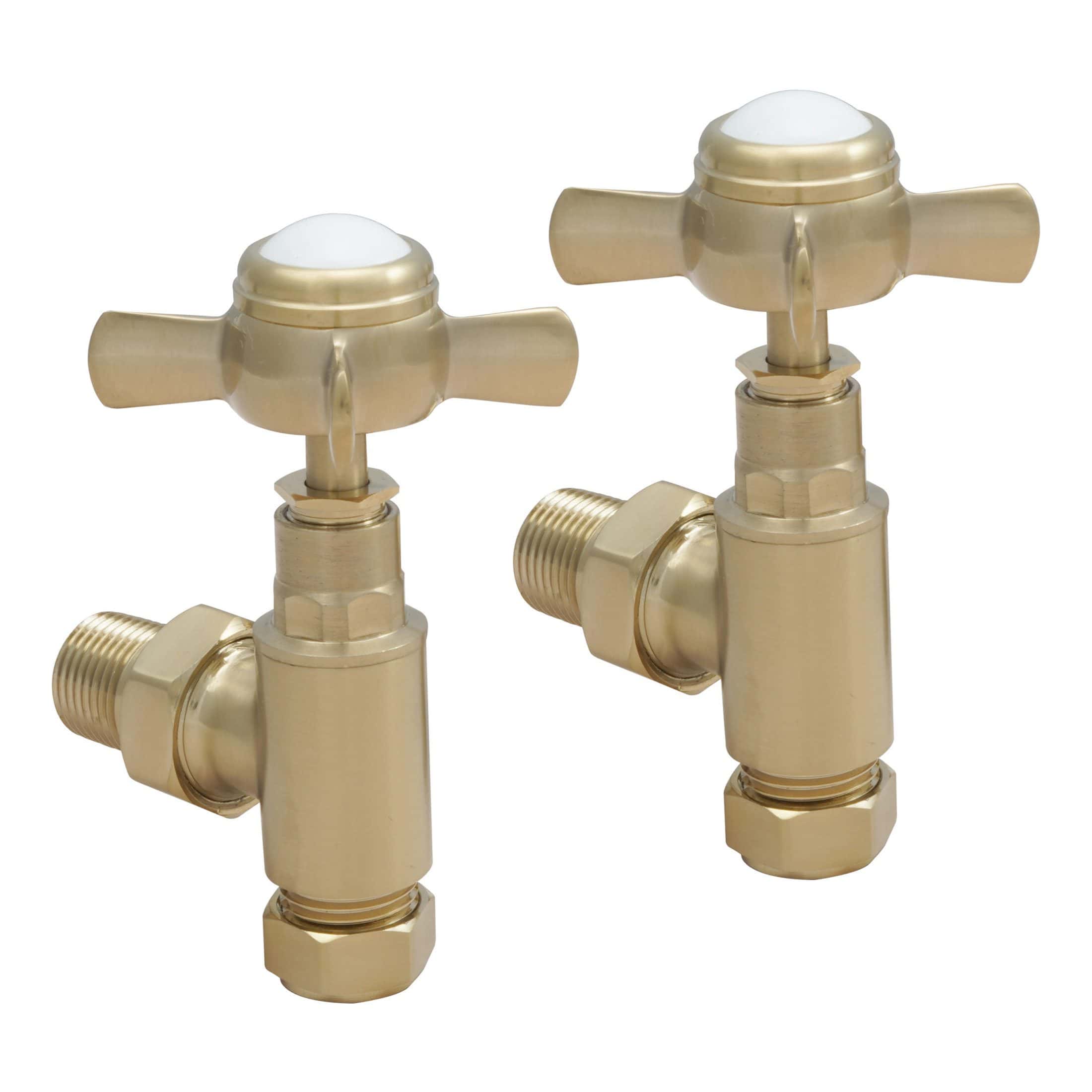 Brass bathroom radiator valves with white ceramic knobs, suitable for heating system upgrades and durable bathroom décor. Perfect for modern and traditional bathroom designs.