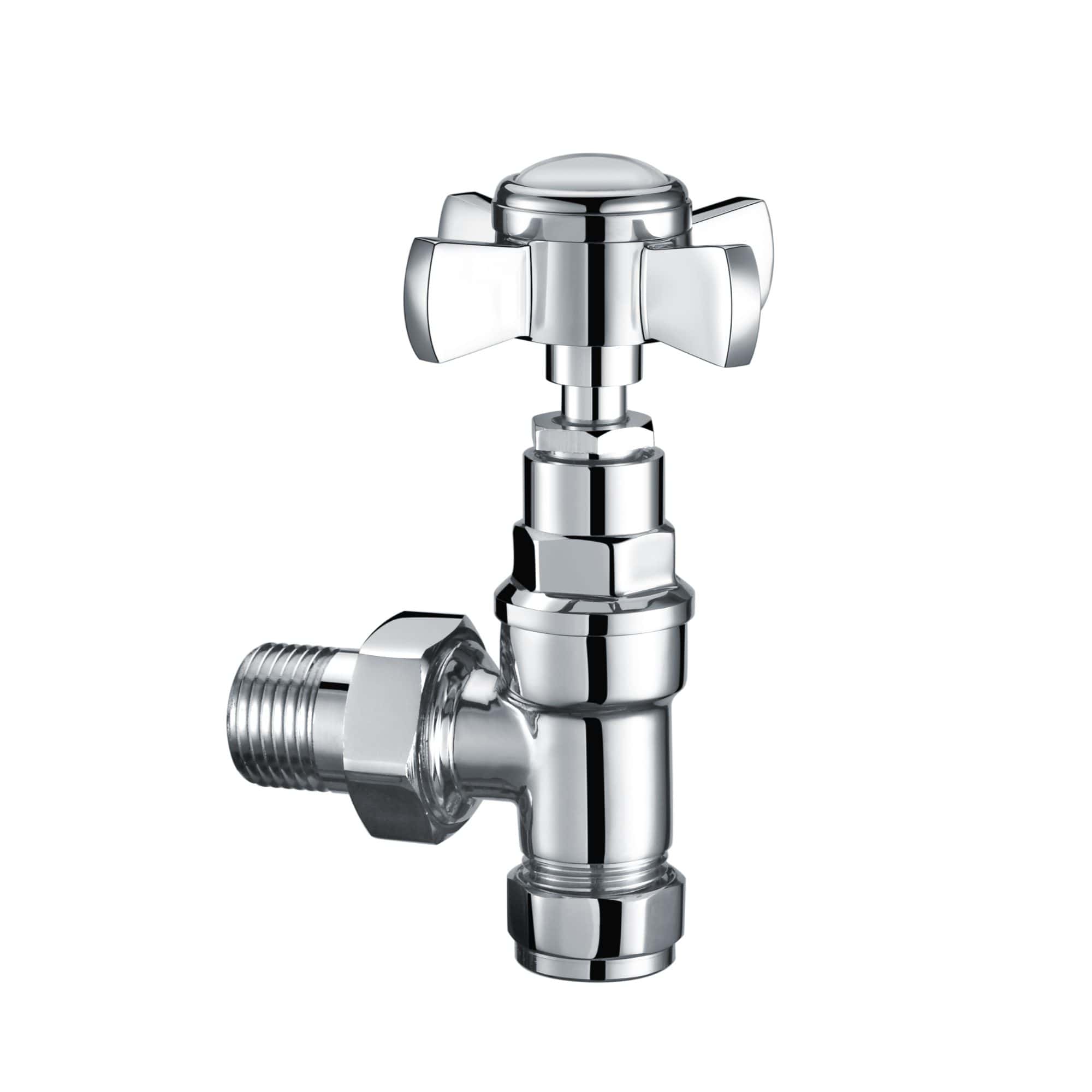 Brass compression valve with chrome finish for bathroom plumbing, ideal for connecting pipes and ensuring leak-proof water flow in bathroom installations.