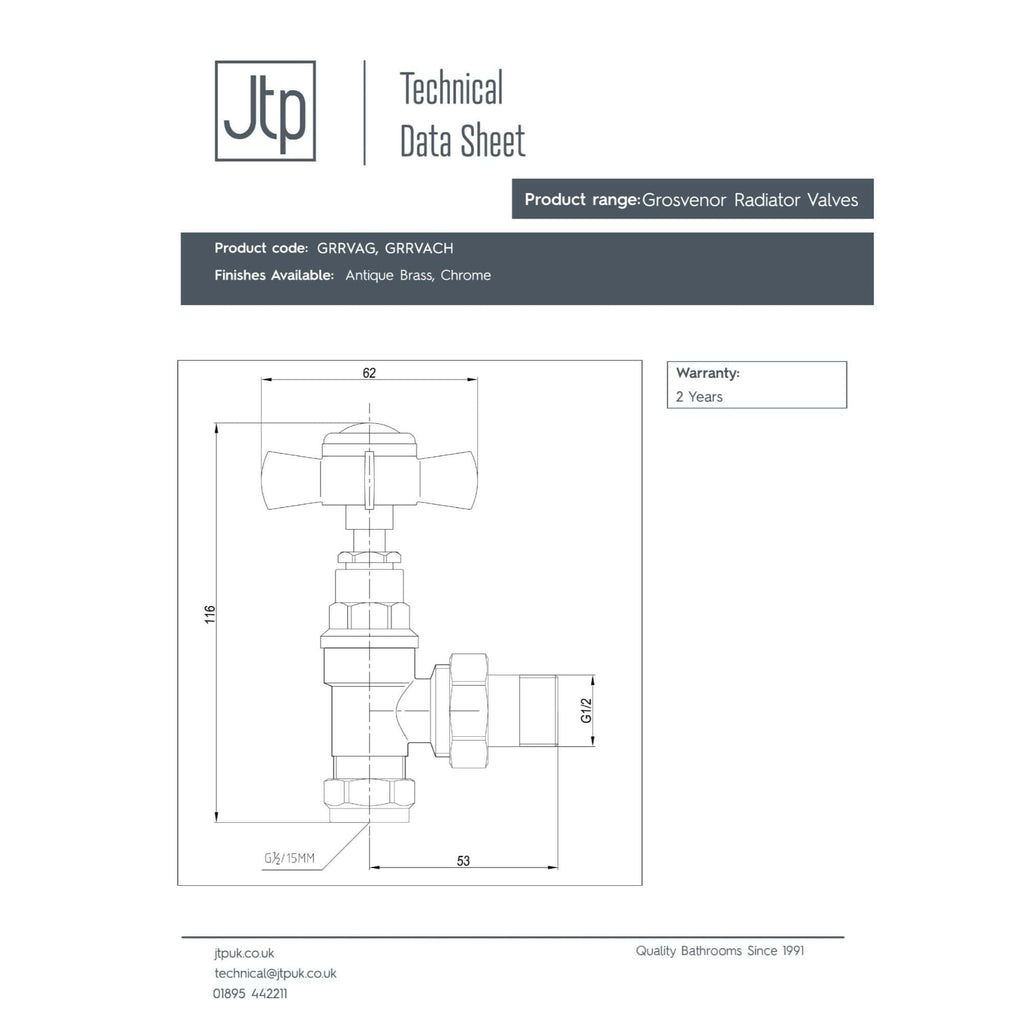 Grosvenor radiator valve technical drawing with dimensions for bathroom heating systems.