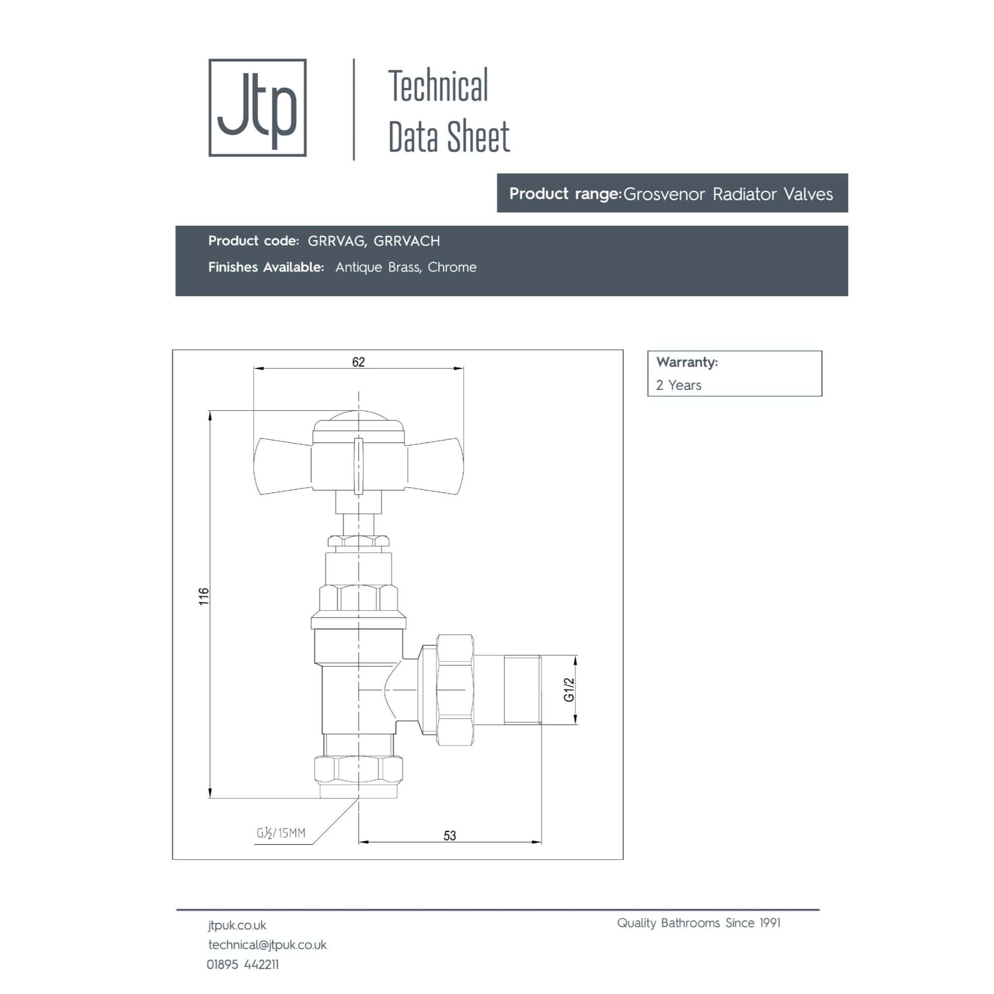 Grosvenor radiator valve technical drawing with dimensions for bathroom heating systems.