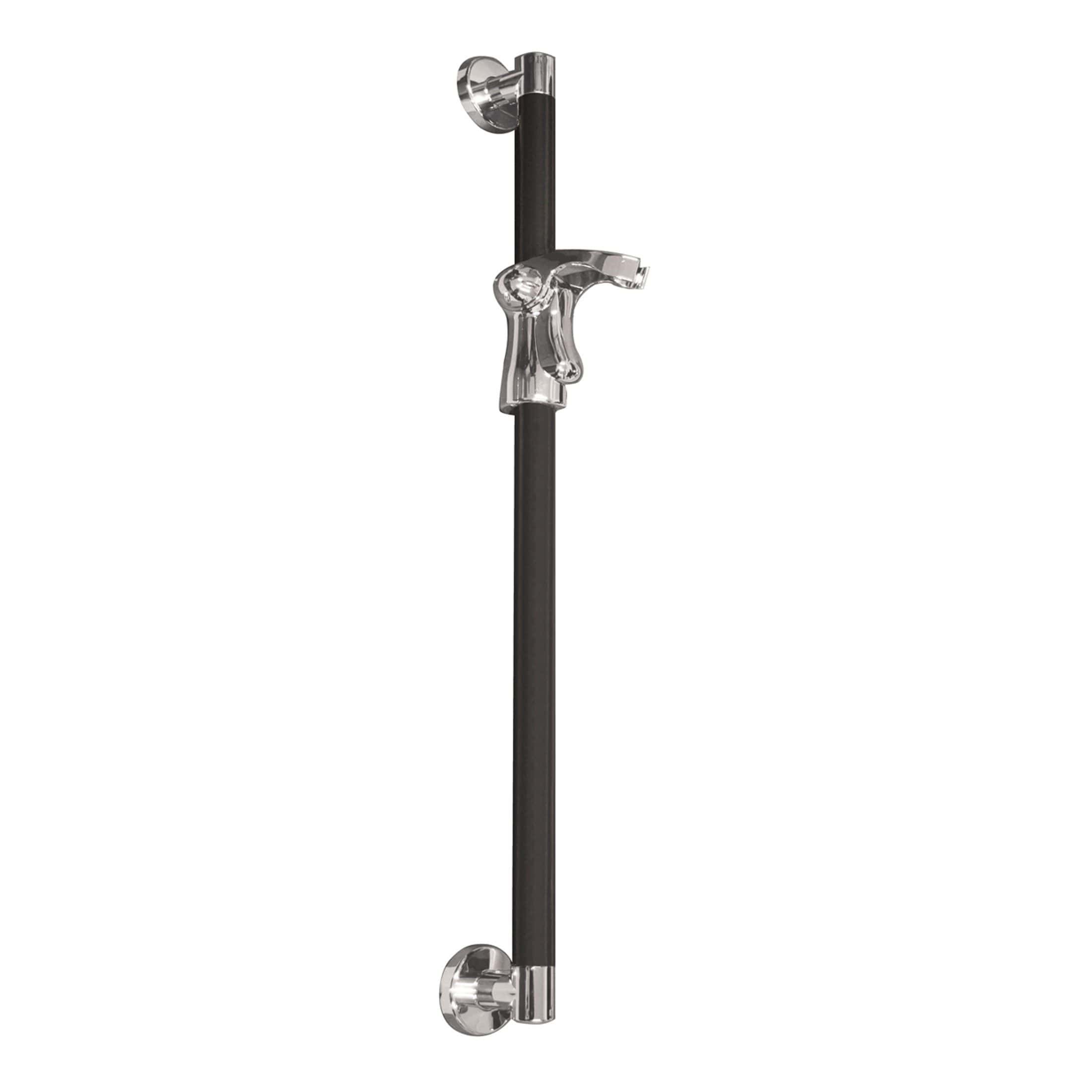 Polished chrome shower grab bar with black support tube for bathroom safety and accessibility. Durable, sleek design ideal for modern shower spaces and elderly assistance.