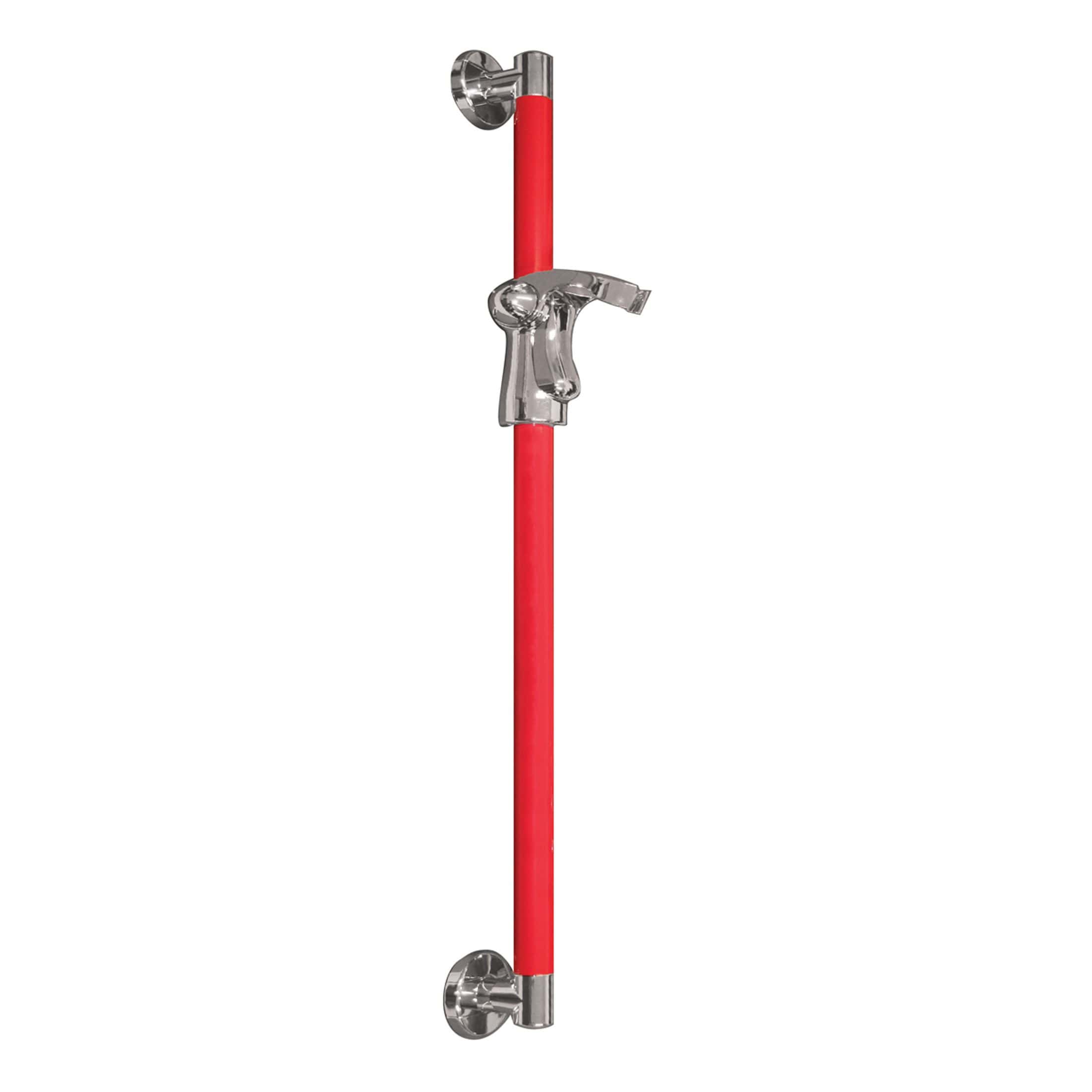Red grab bar with chrome fixing brackets, ideal for bathroom safety and accessibility.
