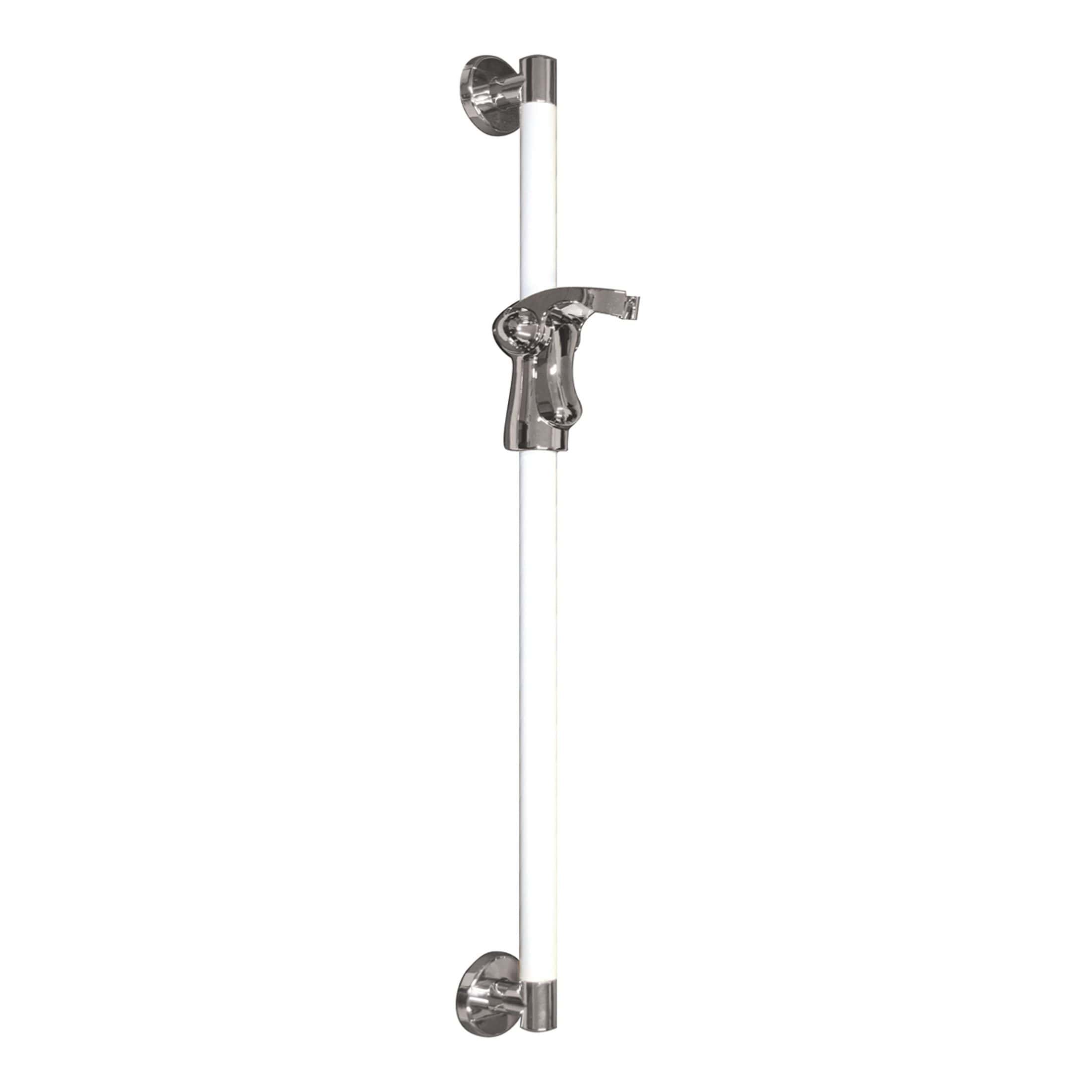 Modern chrome grab bar with integrated shower holder, ideal for accessible bathrooms and safety, featuring sleek design and sturdy construction for secure support against bathroom walls.