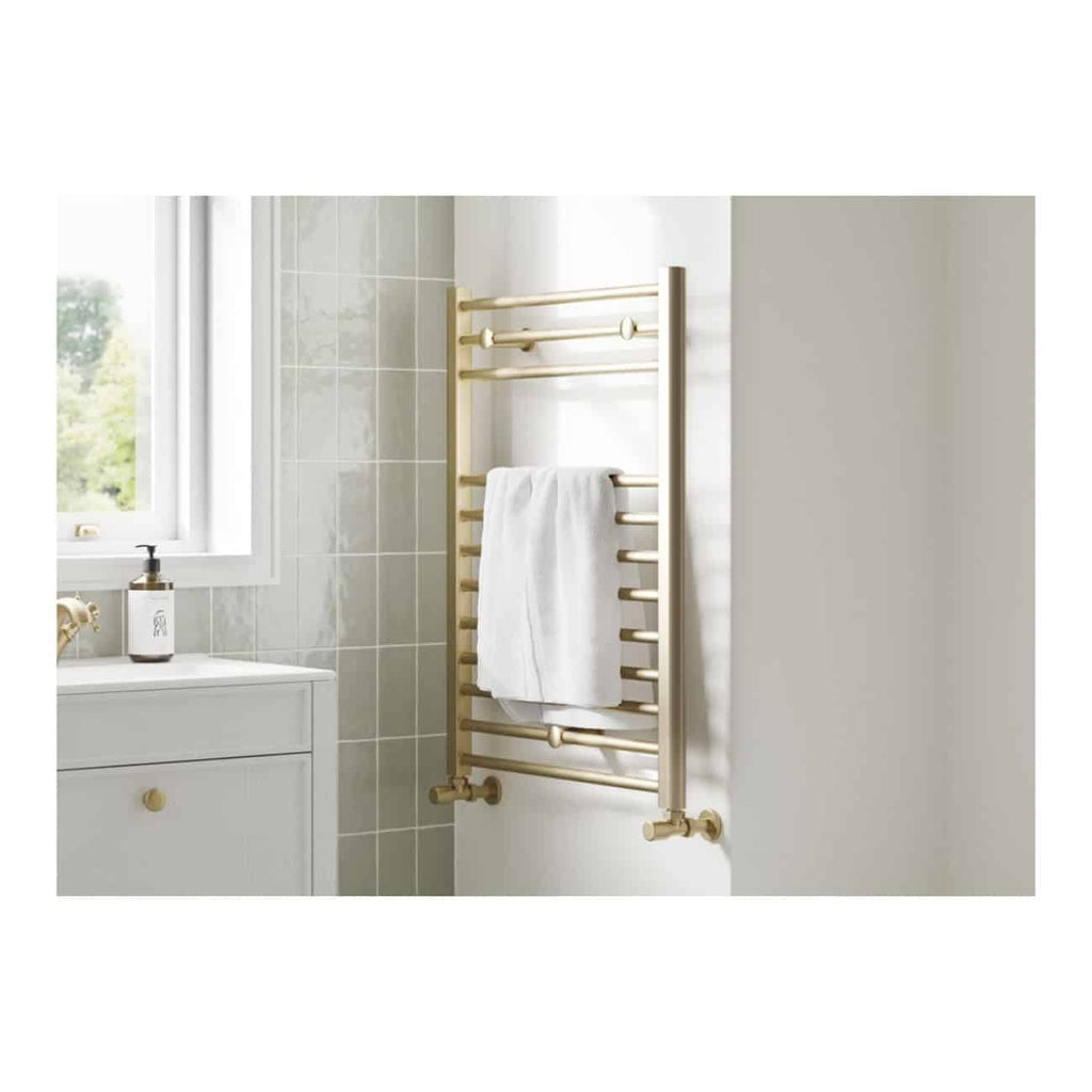 Modern beige heated towel rail in a contemporary bathroom setting, perfect for warming towels and adding a luxurious touch to your bathroom decor.