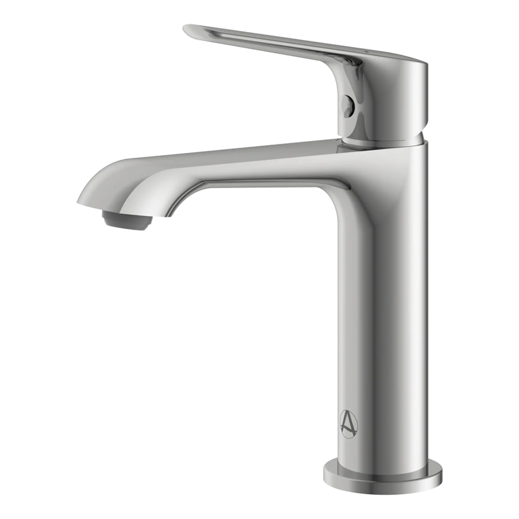 Silver modern bathroom tap with sleek design and chrome finish. Perfect for contemporary bathroom sinks, combining style and functionality.