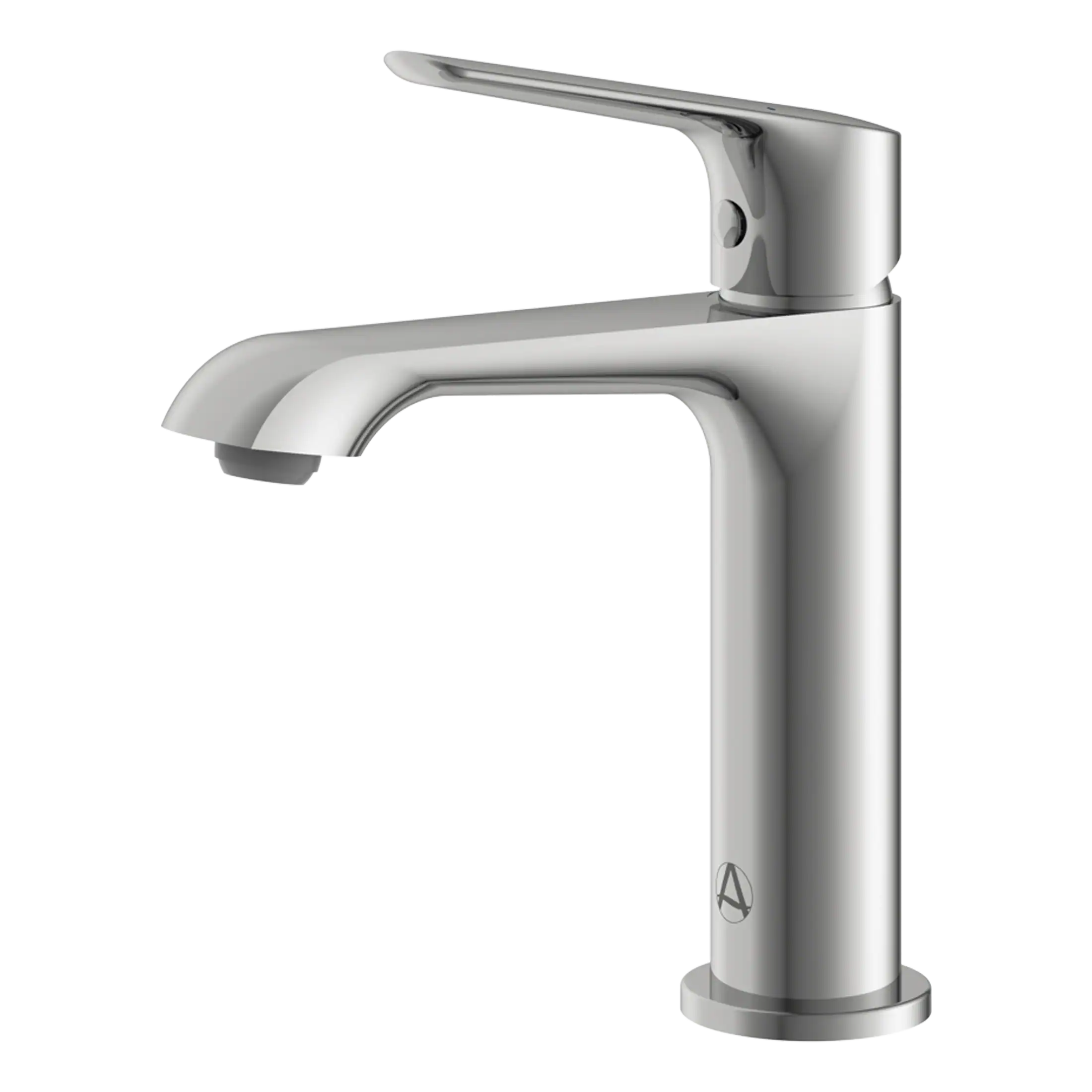 Silver modern bathroom tap with sleek design and chrome finish. Perfect for contemporary bathroom sinks, combining style and functionality.