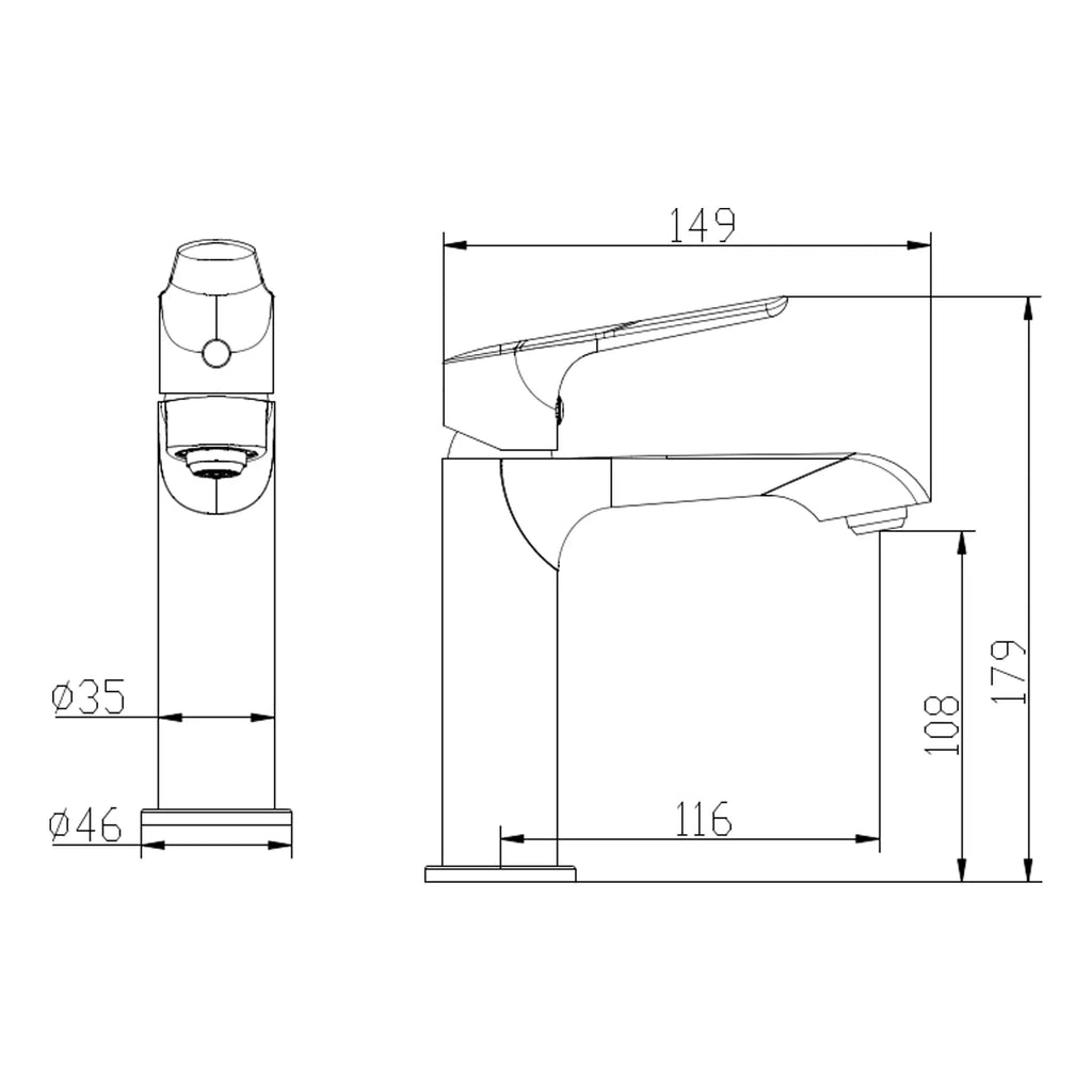 High-quality technical drawing of a modern bathroom faucet with detailed dimensions and sleek design, ideal for bathroom renovations and plumbing installations.