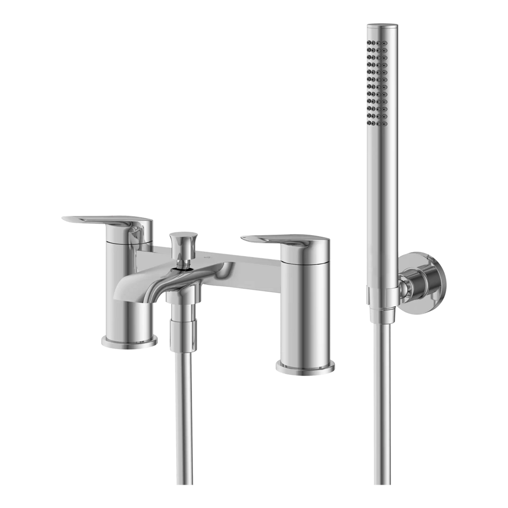 Shower mixer tap with handheld shower spray in chrome finish, modern bathroom fixture with two controls, ideal for contemporary bath renovations.