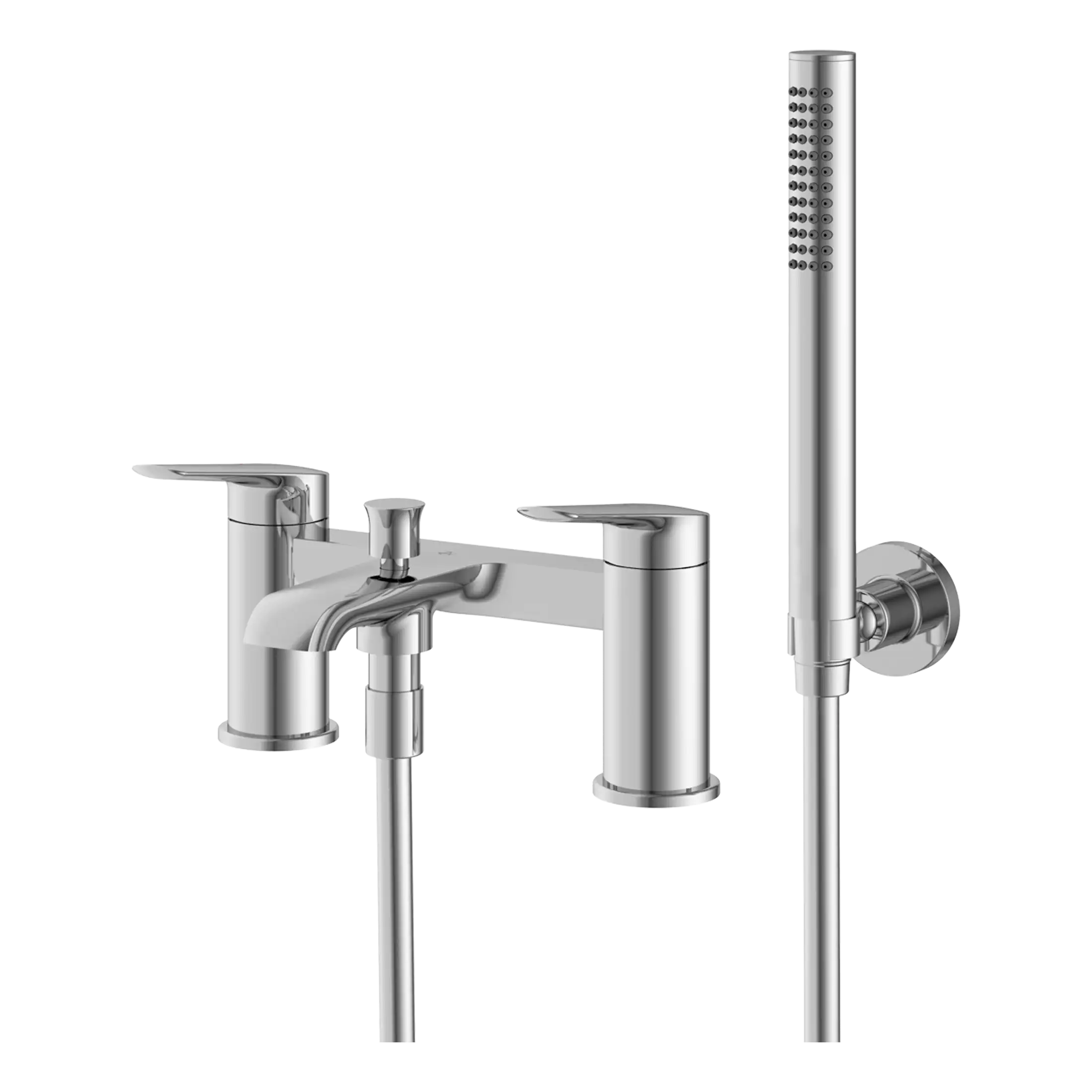 Shower mixer tap with handheld shower spray in chrome finish, modern bathroom fixture with two controls, ideal for contemporary bath renovations.