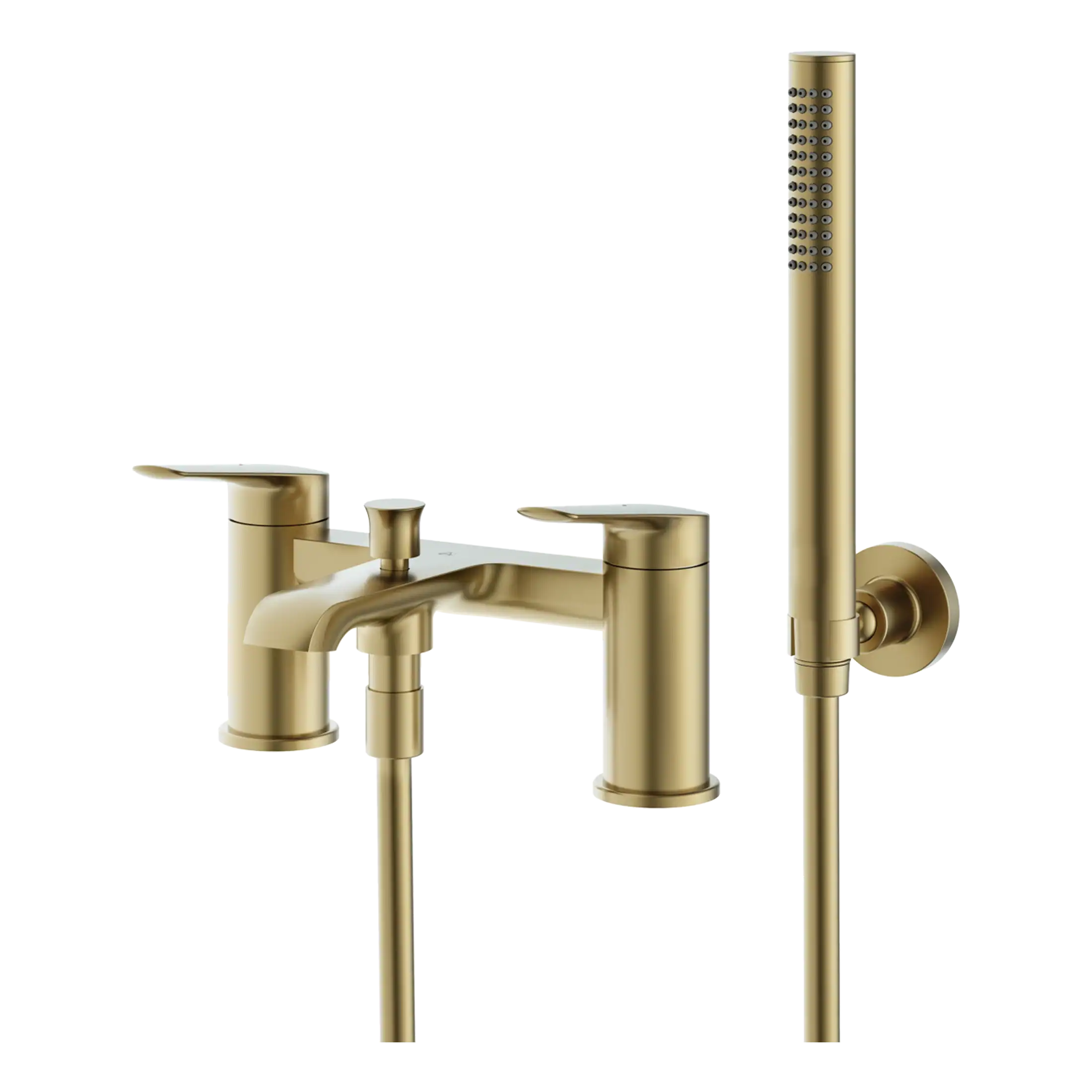 Brass bathroom faucet with a modern design, including a handheld shower and tub filler, ideal for stylish bathroom renovations and high-end fixtures.
