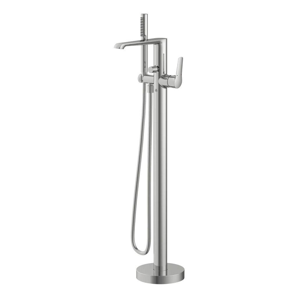 Sleek modern freestanding bathroom mixer tap with handheld shower head, flexible hose, and polished chrome finish for contemporary Bubly bathrooms.